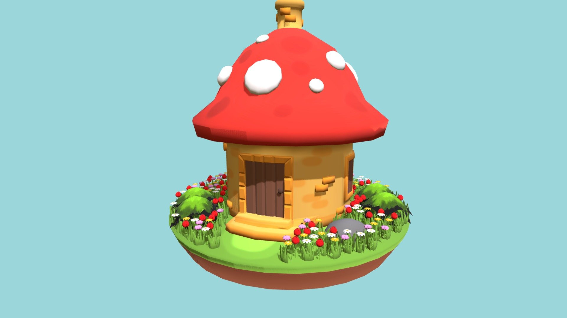 Cute mushroom house used by a little elf, surrounded by flowers and green grass.