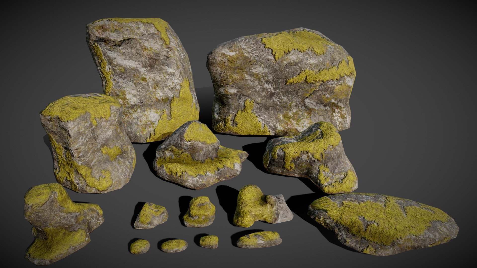 small and medium rocks textures at 1024x1024 , bigger rocks textures at 2048x2048.

the .RaR file contains all the fbx and 2 texture folders (unity5 and unreal4 textures) for each model.

the RaR file size is 33mb.

14 models in total.

Total polys count: 2.568
Total verts count: 2.596