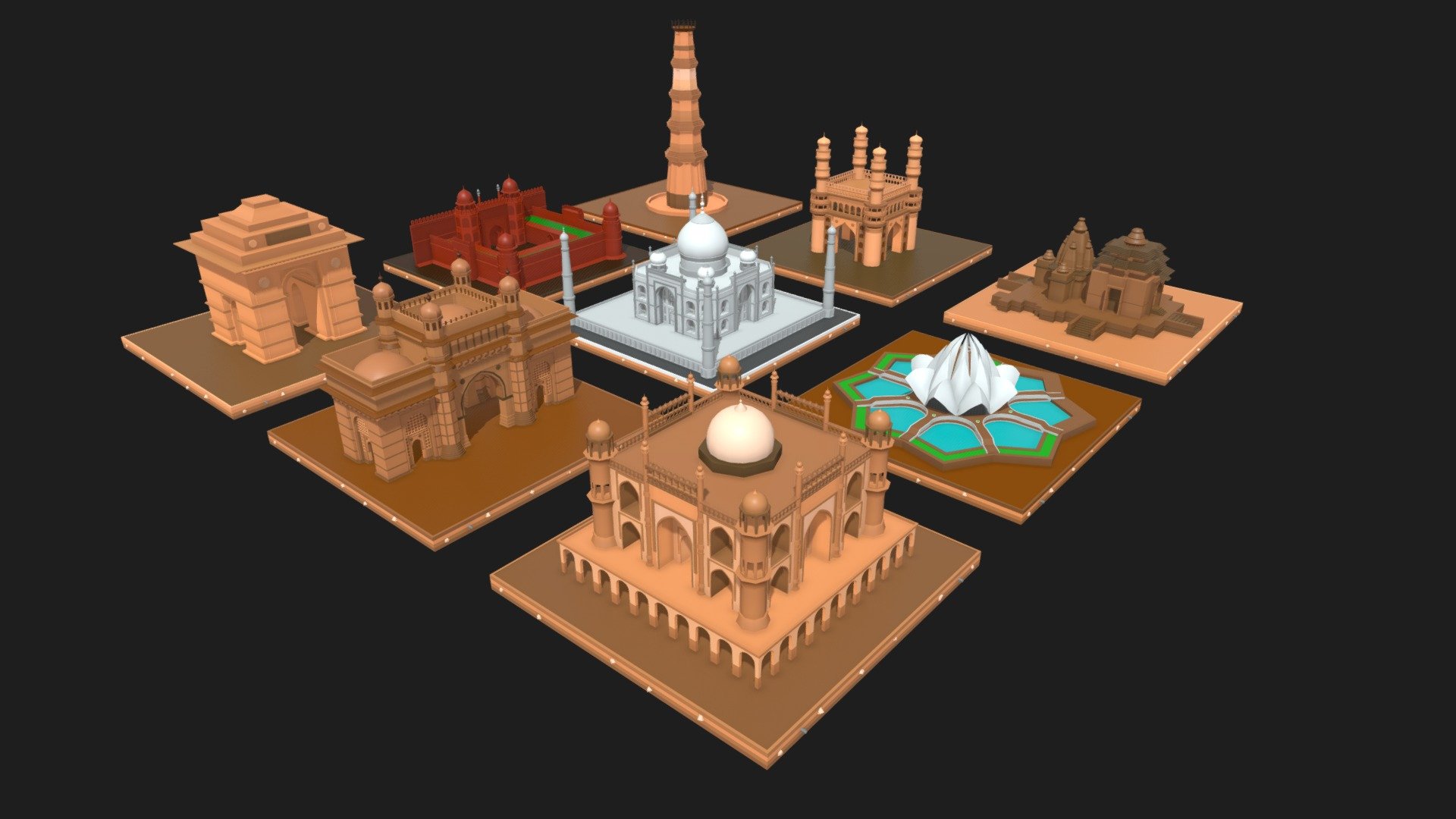 Taj Mahal

Gateway of India

India Gate

Qutub Minar

Lotus Temple

konark Temple

Charminar

Safdarjung Tomb