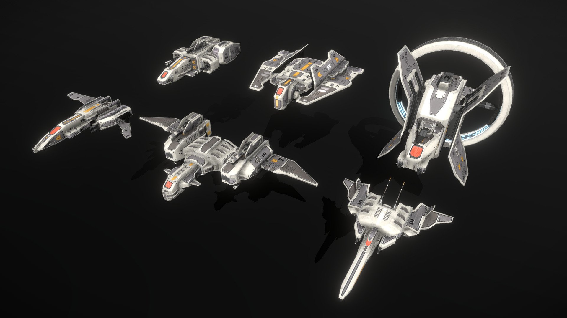 This is a model of a low-poly and game-ready scifi spaceship. 

The weapons are separate meshes and can be animated with a keyframe animation tool. The weapon loadout can be changed too. 

The model comes with several differently colored texture sets. The PSD file with intact layers is included.

If you have purchased this model please make sure to download the “additional file”.  It contains FBX and OBJ meshes, full resolution textures and the source PSDs with intact layers. The meshes are separate and can be animated (e.g. firing animations for gun barrels, rotating turrets, etc).