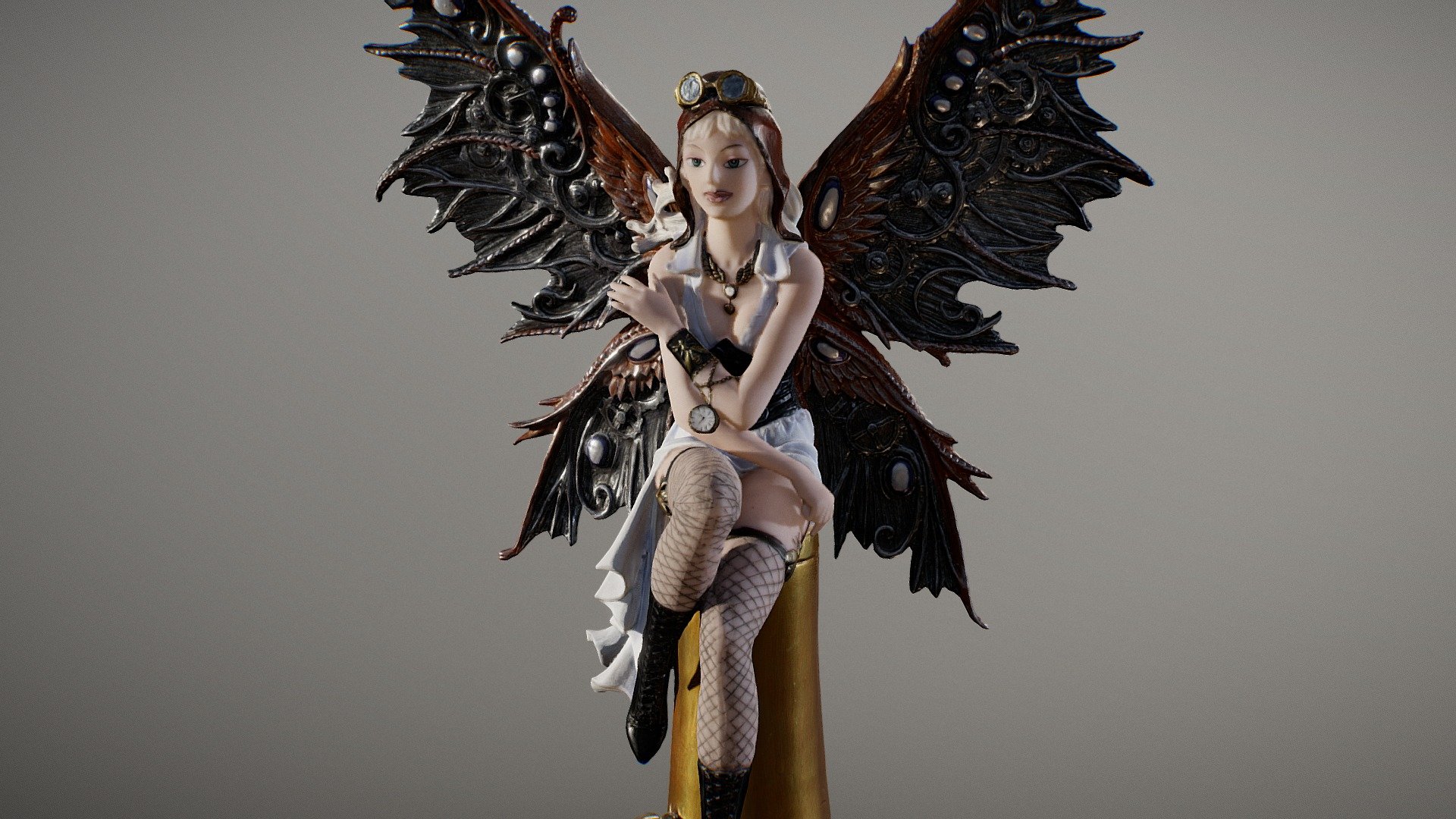 ** Steampunk Aviator Fairy **

Pacific Giftware 11.38 Inch Aviator Steampunk Large Winged Fairy Statue Figurine

23.5 x 10.9 x 28.1 cm (103 micrometers per texel @ 4k)

Scanned using advanced technology developed by inciprocal Inc. that enables highly photo-realistic reproduction of real-world products in virtual environments. Our hardware and software technology combines advanced photometry, structured light, photogrammtery and light fields to capture and generate accurate material representations from tens of thousands of images targeting real-time and offline path-traced PBR compatible renderers.

Zip file includes low-poly OBJ mesh (in meters) with a set of 4k PBR textures compressed with lossless JPEG (no chroma sub-sampling).