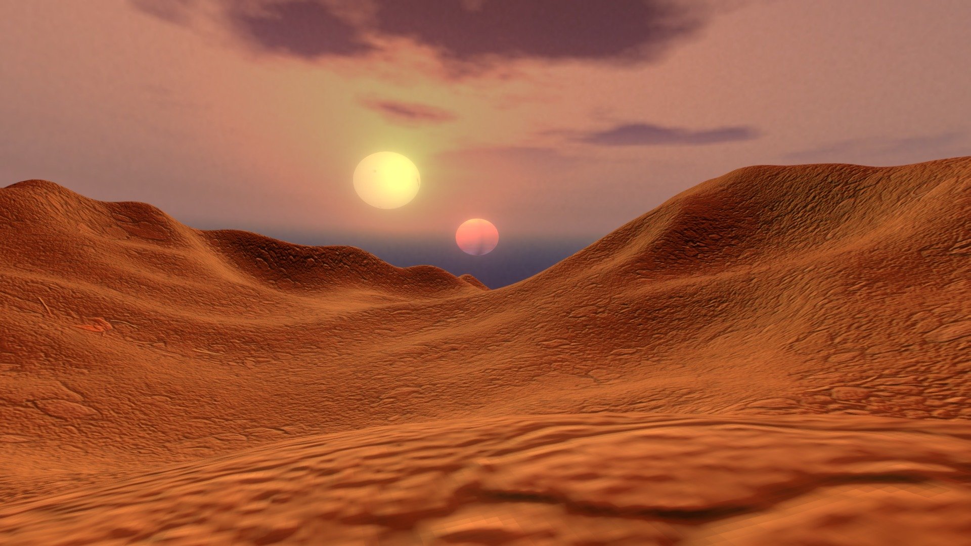 The model represents a sunset over the Tatooine desert. Tatooine is a fictional planet that appears in the Star Wars saga. The planet is a vast desolate desert and orbits a close binary system consisting of a pair of G-type stars. At the time Tatooine was created by George Lucas, no extrasolar planets had yet been discovered. Today, we know the existence, in our galaxy, of thousands of stars with planets in orbit around them.  Some of these are circumbinary planets, i.e. planets that orbit two stars instead of one &hellip; like Tatooine. An example is Kepler-453, in which a gaseous planet orbits a system consisting of a Sun-like star and a brown dwarf. Currently none of the known circumbinary planets are terrestrial planets located in the habitable zone. However, we cannot exclude the existence of circumbinary planets similar to Tatooine. 

Credits: Image of the sky created by Matthias Kappenburg.