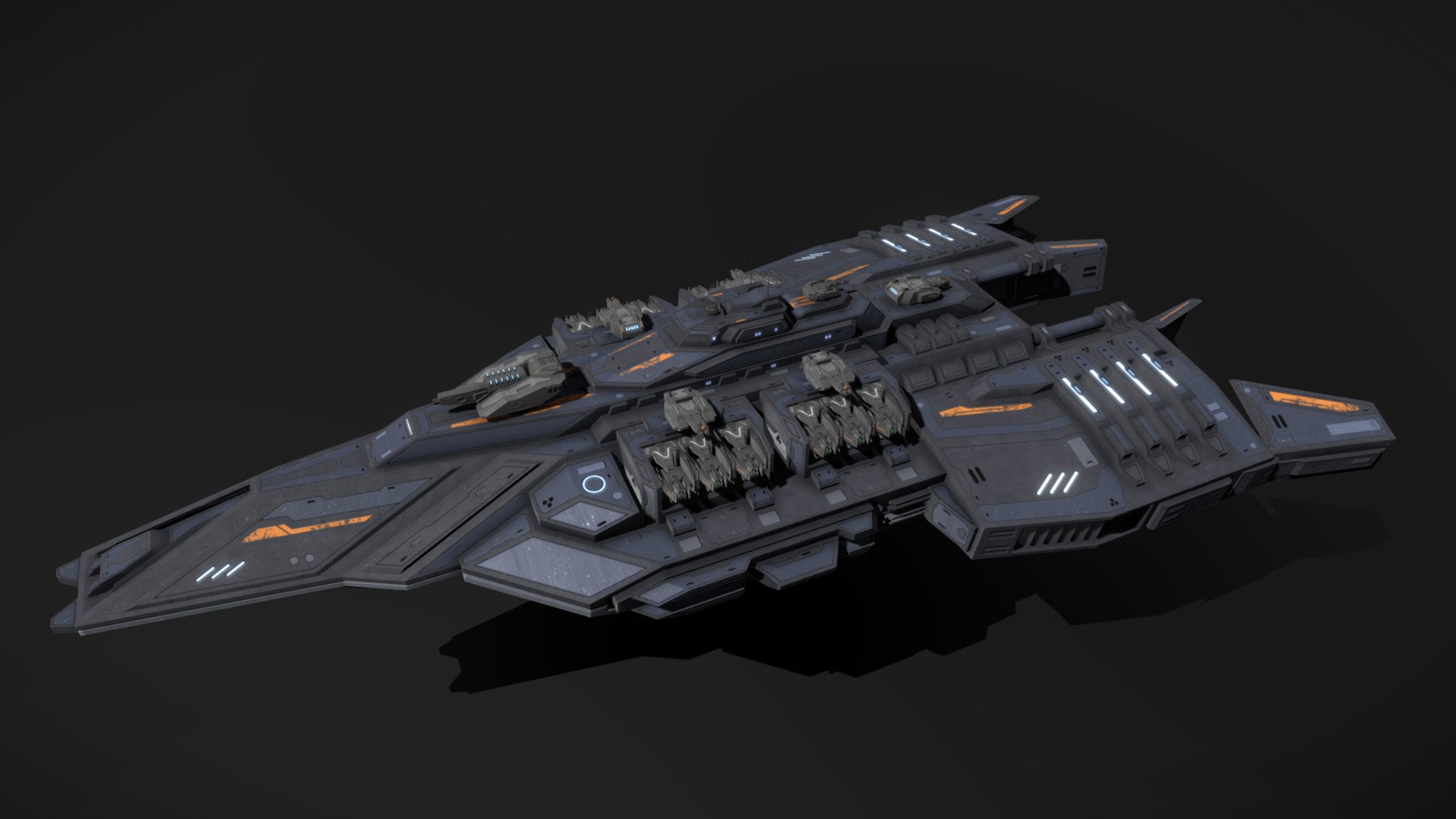 This is a model of a low-poly and game-ready scifi spaceship. 

The weapons are separate meshes and can be animated with a keyframe animation tool. The weapon loadout can be changed as well.

The model comes with several differently colored texture sets. The PSD file with intact layers is included too.

Please note: The textures in the Sketchfab viewer have a reduced resolution to improve Sketchfab loading speed.

If you have bought this model please make sure to download the “additional file”.  It contains FBX and OBJ meshes, full resolution textures and the source PSDs with intact layers. The meshes are separate and can be animated (e.g. firing animations for gun barrels, rotating turrets, etc).