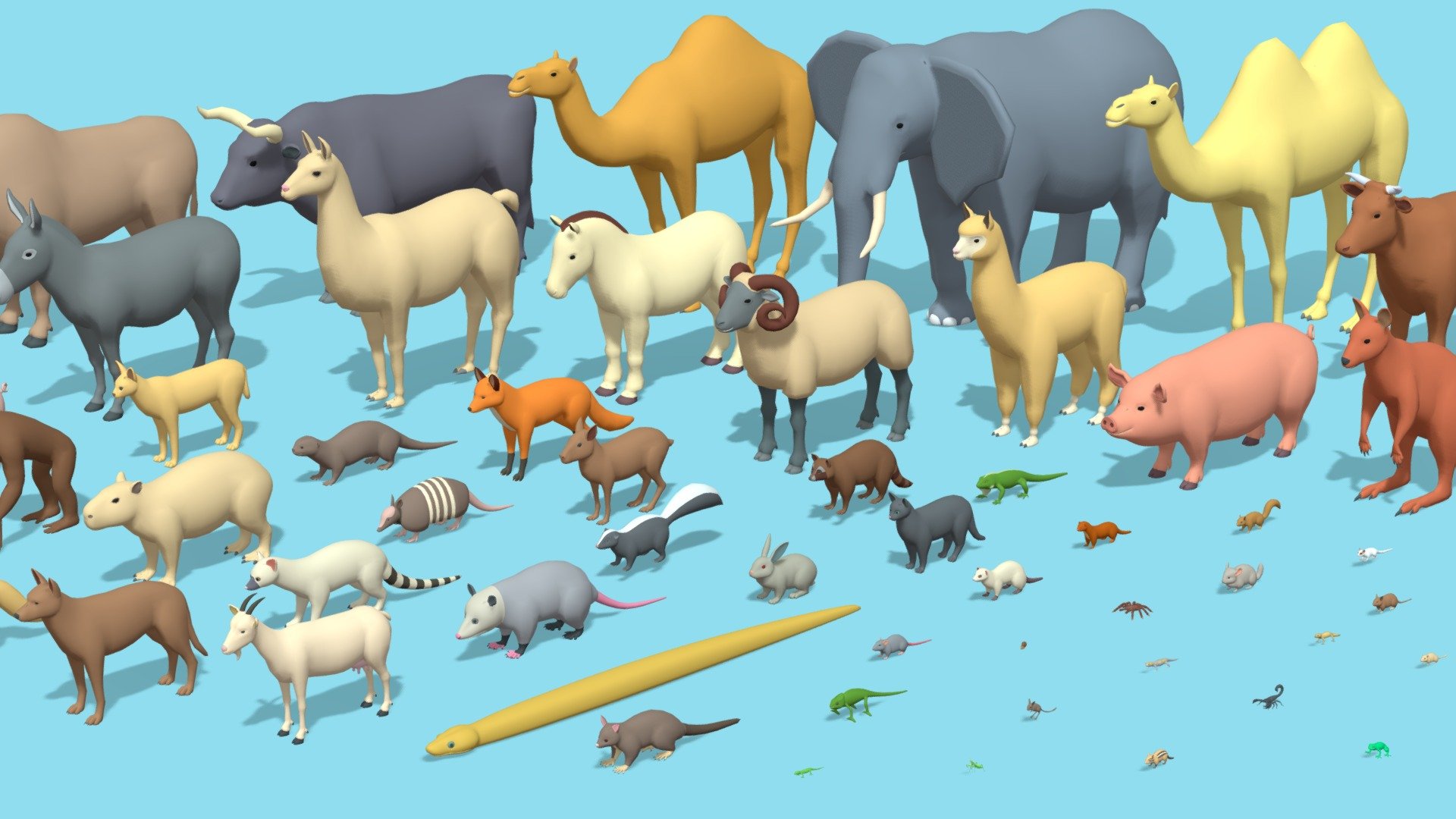 Welcome to the captivating realm of low poly wildlife showcased in our remarkable animal pack, meticulously crafted in Blender with careful consideration for topology.

Thank you for joining us.

There's Total 63 Animals:

**#Alpaca


Armadillo

BactrianCamel

Bull

Camel

Capibara

Cat

Chameleon

Chinchilla

Chipmunk

Cow (2 Variant)

Dog

Donkey

Elephant

FennecFox

Ferret

FlyingSquirrel

Fox

Frog

Gecko

Genet

Gerbil

Goat

GuineaPig

Hamster

Hedgehog

Horse

Iguana

Jerboa

Lizard

Llama

Mantis

MiniaturePig

Mink

Monkey

Mouse

Opossum

Otter

PatagonianCavy

Pig

Pony

PrairieDog

Python

Rabbit

Raccoon

RamSheep

Rat

Reindeer

Salamander

Scorpion

Serval

Sheep

Skunk

Snail

Squirrel

SugarGlider

Tarantula

VietnamesePig

Wallaby

WaterBuffalo

Yark**
Polycounts:
Vertices: 234.9 K
Triangles: 469.2 K