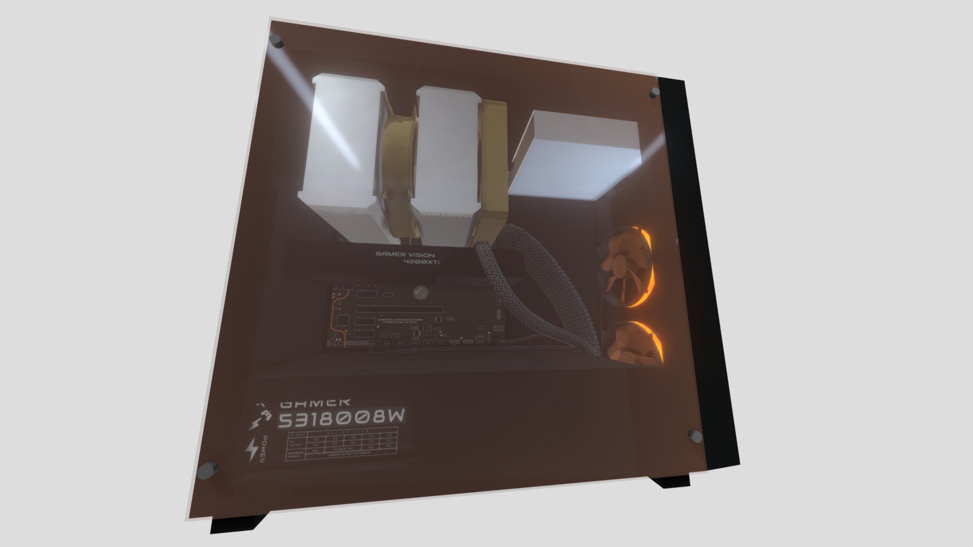 Designed to be metaverse ready and interactable, a gaming computer that has just enough detail to be an interesting prop in a virtual room.

Gaming jokes all included. Check the motherboard.