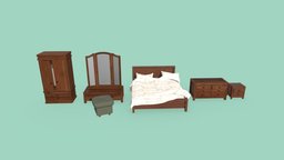 Bedroom Furniture Set | Game Assets closet, bedroom, dresser, unreal, game-ready, endtable, vanity, doublebed, furniture-home, unity, pbr, lowpoly, bedroom-furniture, noai