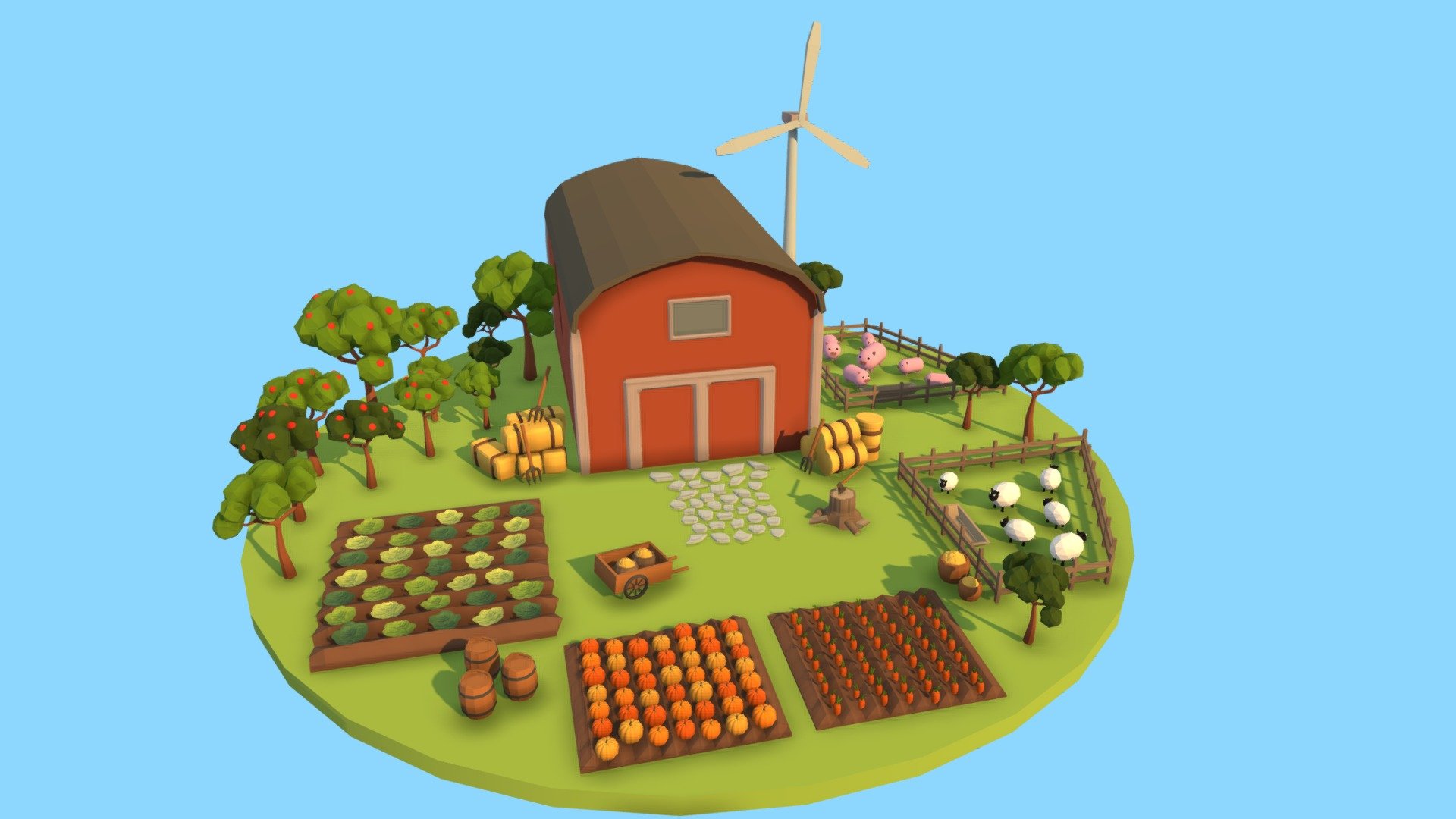 Low poly farm scene that includes:




a barn

trees

pigs, sheep

carrots, salad, pumpkins

hay bales

windmill
