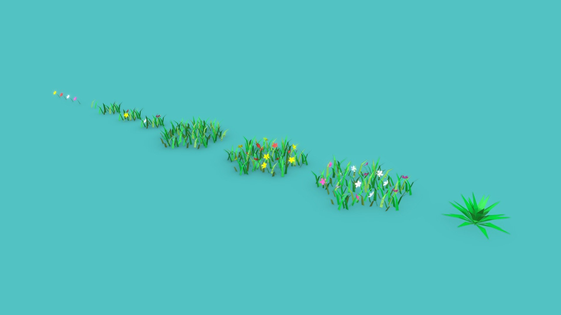 This is a low-poly environment asset pack with a variety of grasses and flowers. All models use a single material and texture.