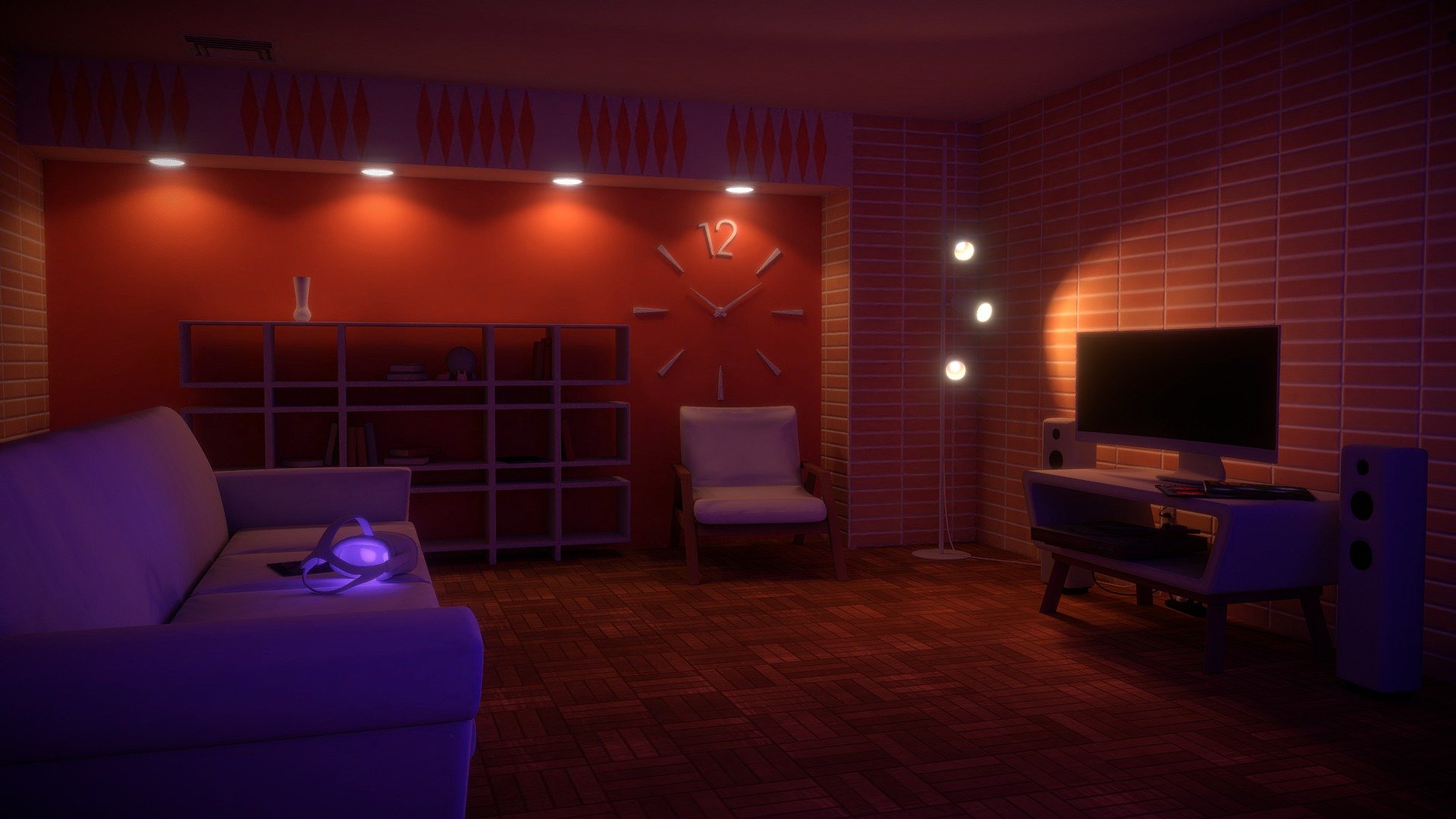 Note: The base unlit Blender scene is also available as an additional file, ideal for editing and custom lighting scenarios.

Visit a warm, contemporary high-rise apartment on a cool night.  Features a TV set, record player, bookshelf, VR headset, magazines, sofa, armchairs and a balcony/city view.  As the scene was also ported to (and is available on) the SteamVR workshop, it is to-scale and created with performance in mind.  Scene lighting is baked into three composite textures.

Get similar assets here: https://skfb.ly/onBGI