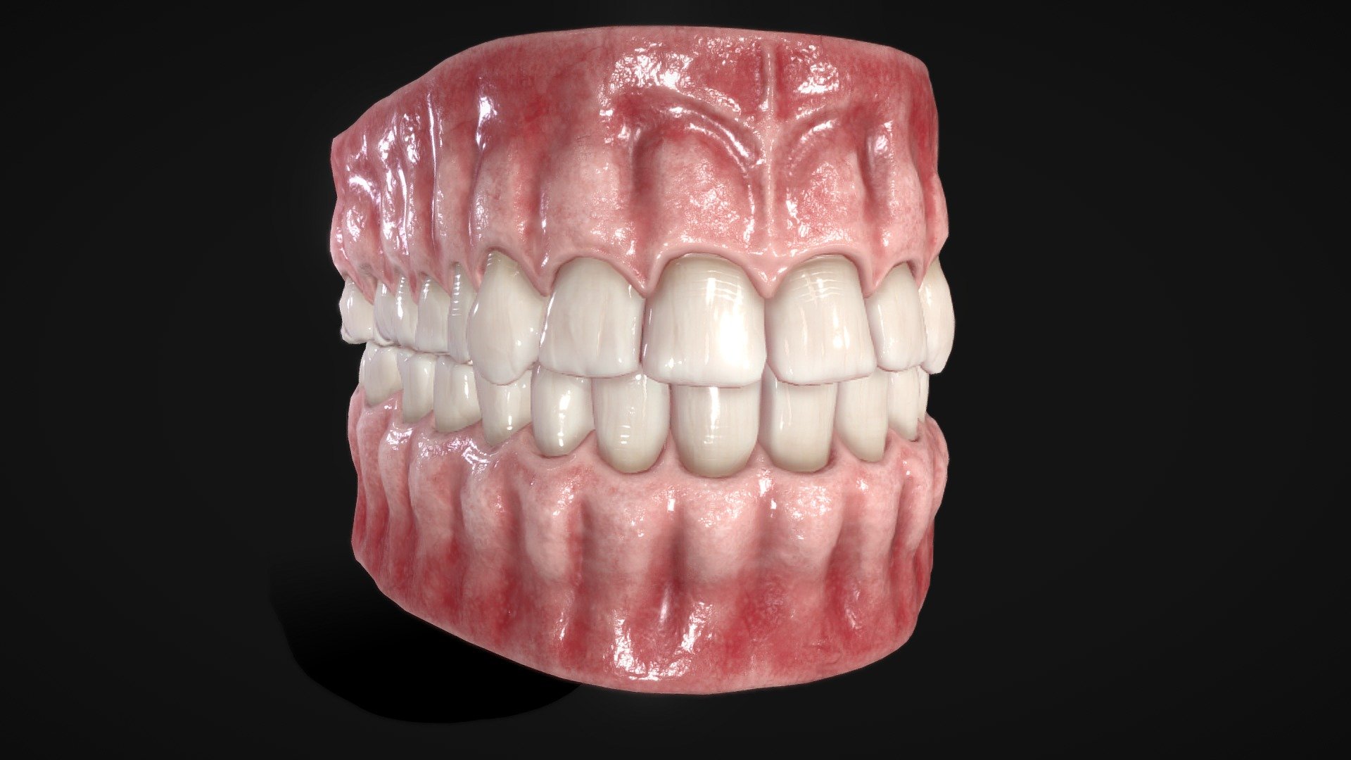 This model includes: Teeths and Gums, tongue, throat. 

2 Version

MidPoly: 32,652 tris

LowPoly: 2,815 tris

Texture sets:

MidPoly: 2 4k texture sets

LowPoly: 1 4k texture set

Textures: Base Color, AO, Roughness, Normal, SSS

Files formats: Blender(Original) - support Cycle/Evee. Maya - Standart Surface shader, not render support, PNG textures, Marmoset scene, Mesh in OBJ and FBX