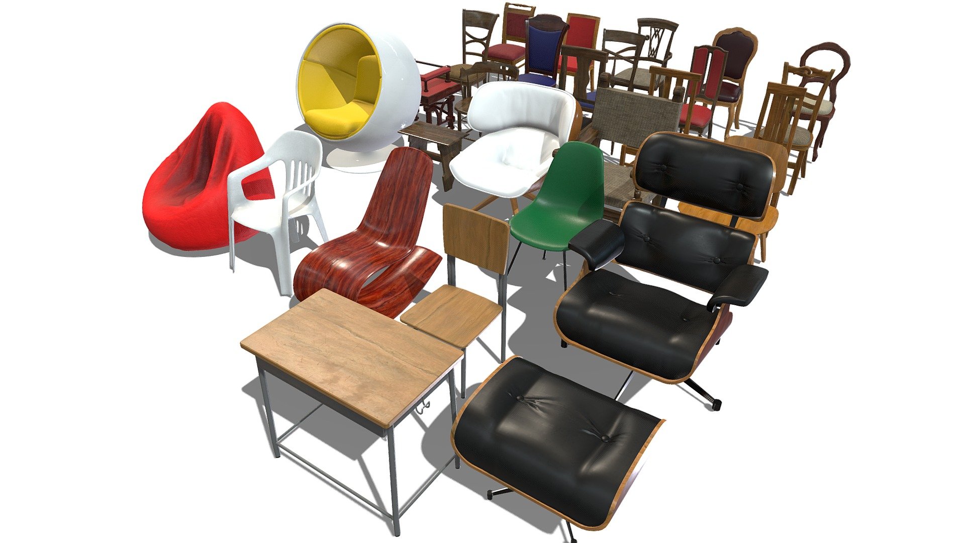 Chairs Pack / Chair Collection
Available for purchase:  https://www.cgtrader.com/3d-models/furniture/chair/low-poly-pbr-chair-collection

Realtime ready Chairs Pack / Chair Collection, setup with PBR textures &amp; clean topology for use in 3d development. 

Check out our Main Collections

More in our Furniture Collection&nbsp;
Chairs&nbsp;
Tables&nbsp;
Beds&nbsp;

Detailed Description Info:




Model: Chairs Pack / Chair Collection

Media Type: 3D Model 

Geometry: Quads/Tris 

Polygon Count: 98702

Vertice Count: 100029

Textures: Yes 

Materials: Yes 

Rigged: No 

Animated: No 

UV Mapped: Yes 

Unwrapped UV's: Yes Non-Overlapping

PBR textures inc; spec, gloss, diffuse and normal maps in 2K