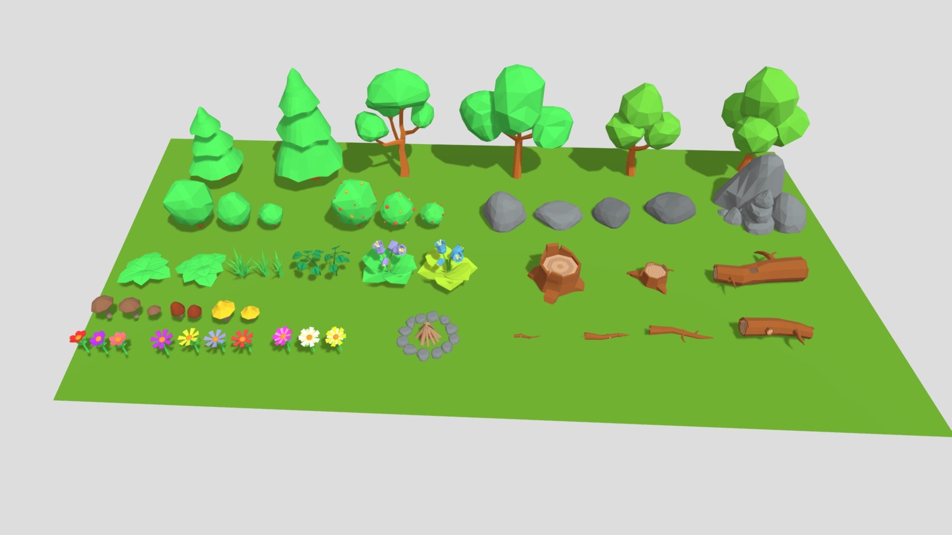 Lowpoly nature pack to create environments for your game.

Package contains:
6x trees
6x bushes
4x stones
1x rock of stones
2x stumps
2x logs
3x brenches
3x simple grass
6x specific bushes
7x flowers
7x mushrooms
1x fireplace