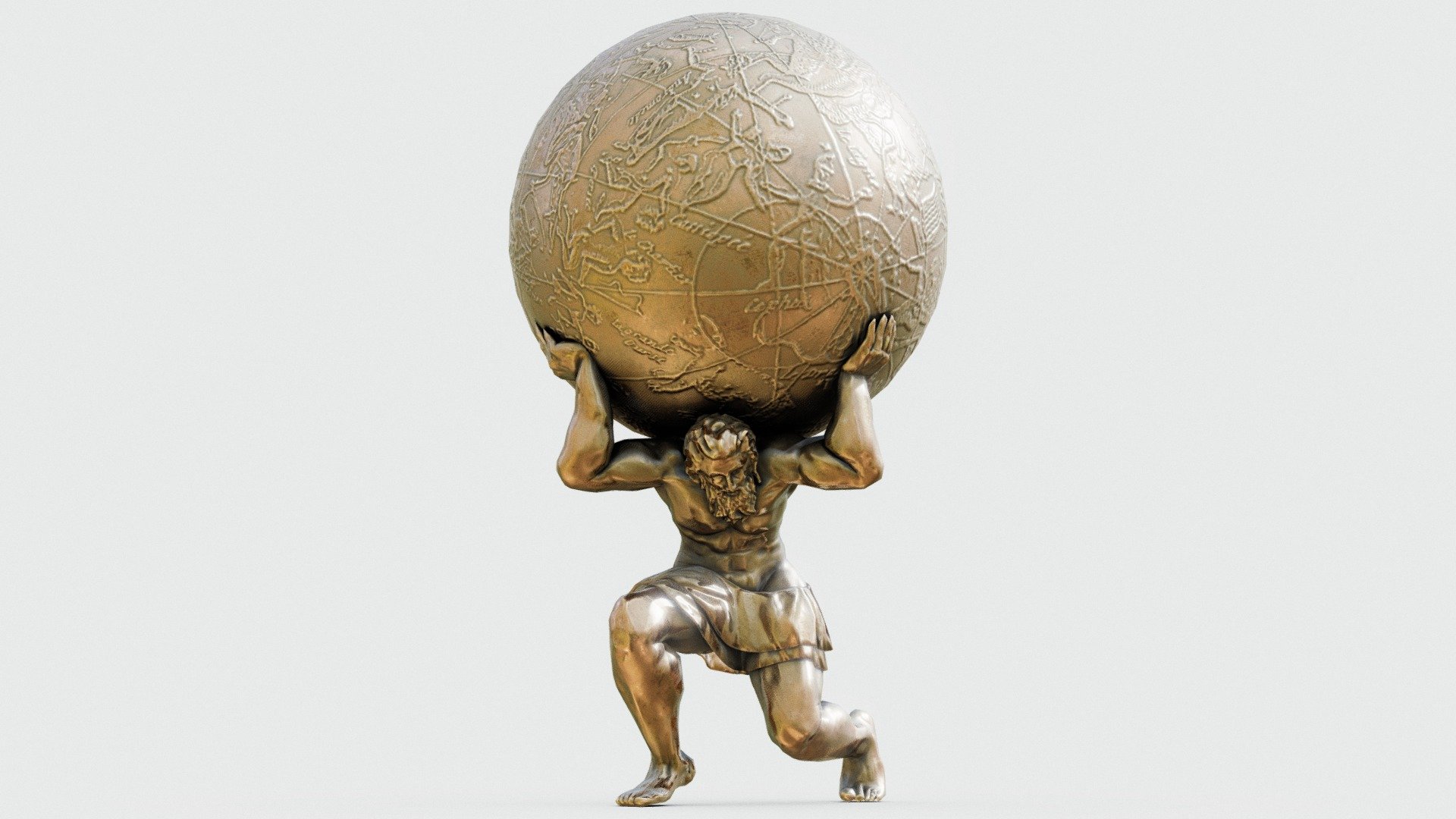 In Greek mythology, Atlas (Greek: Ἄτλας, Átlas) is a Titan condemned to hold up the heavens or sky for eternity after the Titanomachy

Separate materials and objects for the Sphere and the Atlas Body.
Both materials have 4k PBR textures.

Package also includes Marble&amp;Gold and Oxidized Bronze textures.