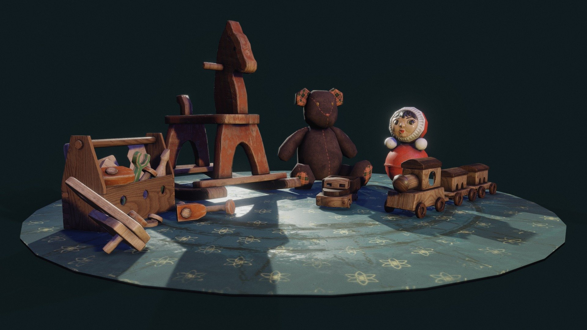 All the models are low poly and optimized. Stylized, old looking, with vintage touch

The set contains the following toys:
- wooden horse
- bear
- roly-poly tumbler doll
- instrument kit with various tools
- train
- car

The textures include base color, roughness and normal, 2K