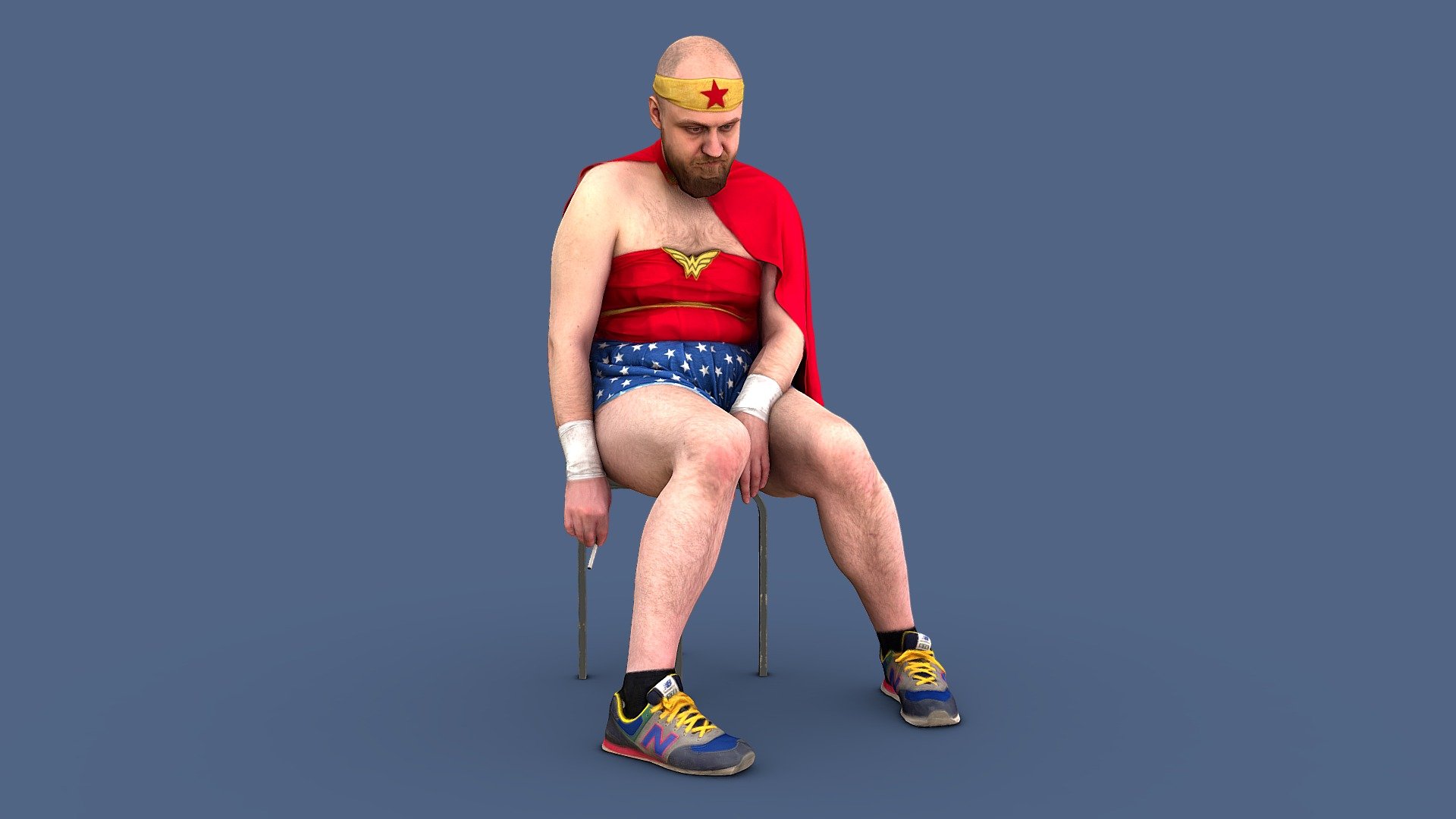 Follow us on Instagram 😇

✉️ A bald, bearded guy of unsportsmanlike build sits on a chair with a cigarette in his hand in the form of Wonder Woman. He is wearing a miniskirt, a top that barely covers his hairy chest, a red cape hanging from his shoulder, and colored sneakers.

🦾 This model will be an excellent mid-range participant. It does not need to be very close and try to see the details, it reveals and demonstrates its texture as much as possible in case of a certain distance from the foreground.

⚙️ Photorealistic Casual Character 3d model ready for Virtual Reality (VR), Augmented Reality (AR), games and other real-time apps. Suitable for the architectural visualization and another graphical projects. 50 000 polygons per model.

QXRU70