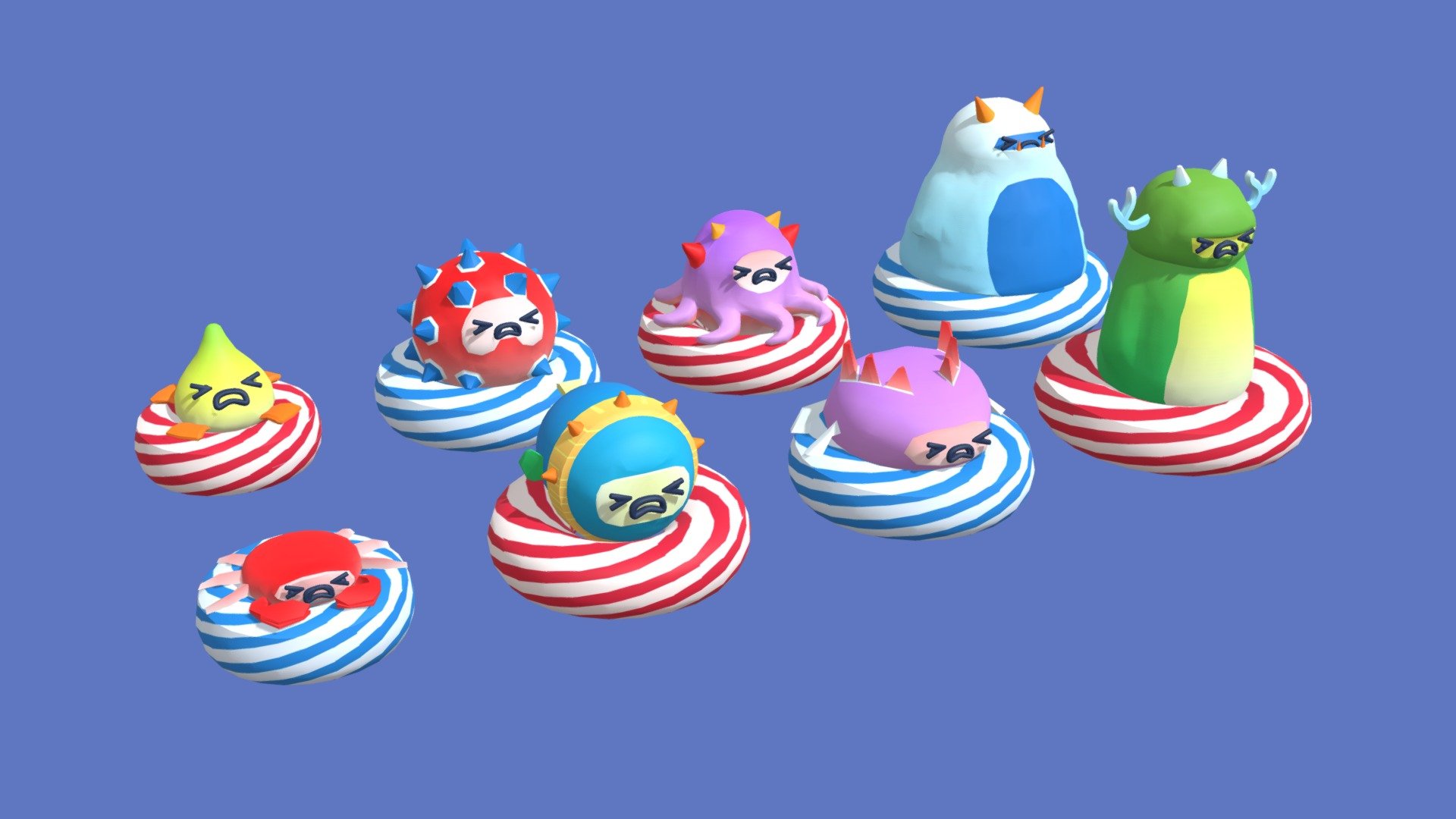 Fantasy funny monsters on inflatable circles