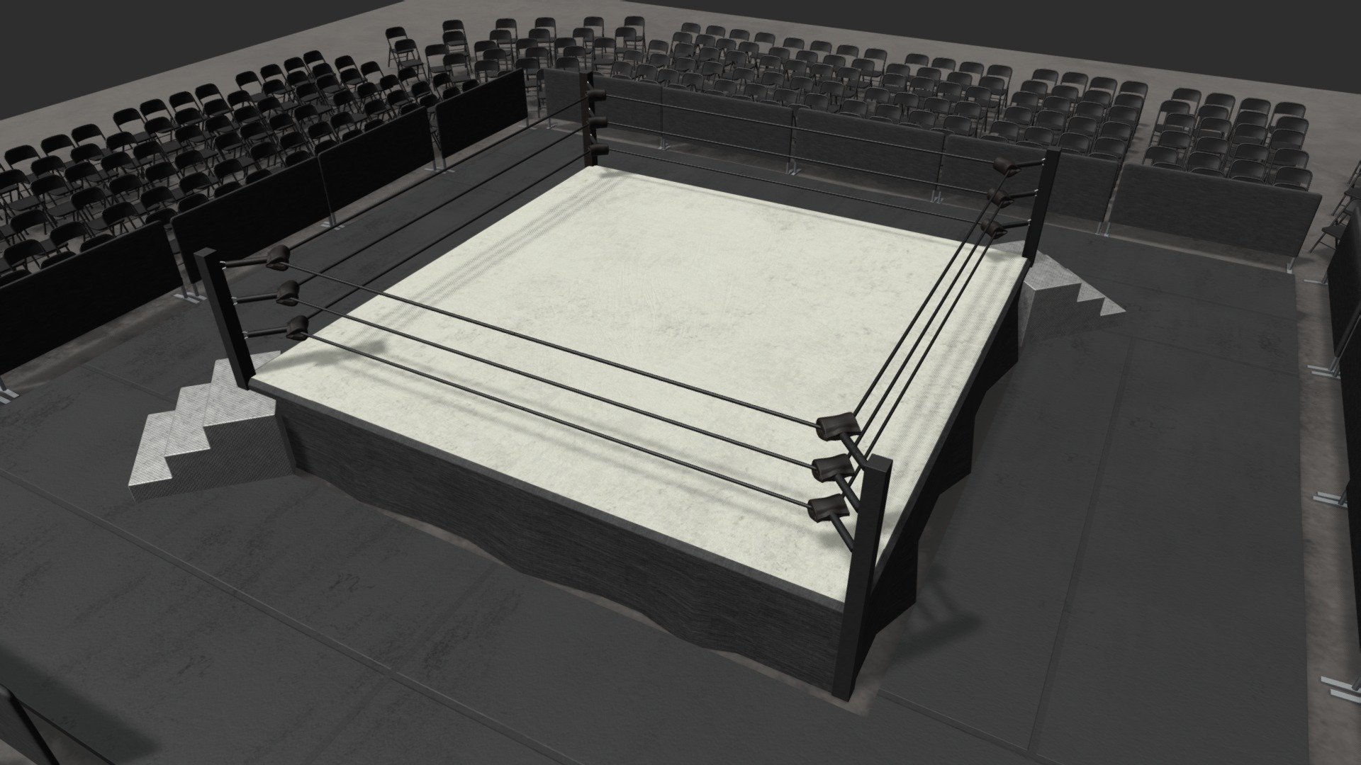 Wrestling ring with surrounding barriers and seats.