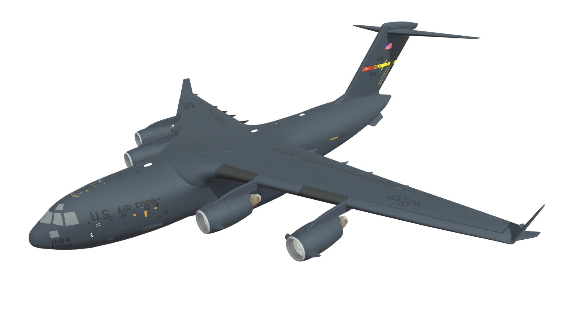 High detailed 3d model of C17 Globemaster III military transport aircraft.
