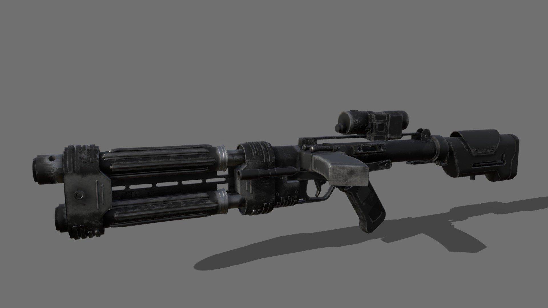 The E-22 Baster Rifle was primarily used and is famously known to be used by the Shoretroopers on the planet Scariff. It was their primary weapon, and is a variant of the well known E-11 Blaster Rifle/ Carbine. It has a double barrel attachment and a custom stock included within the weapon. 

This isn't game ready by any means, this is just the raw textures and model I used to make this weapon. You cannot make any changes, and you may use the model in a non-comercial use. This is purely for enjoyment and im not looking for compensation. Also please give credit if used in any projects and specifically ask for permission for anything more complicated in use. 

Follow for more models!