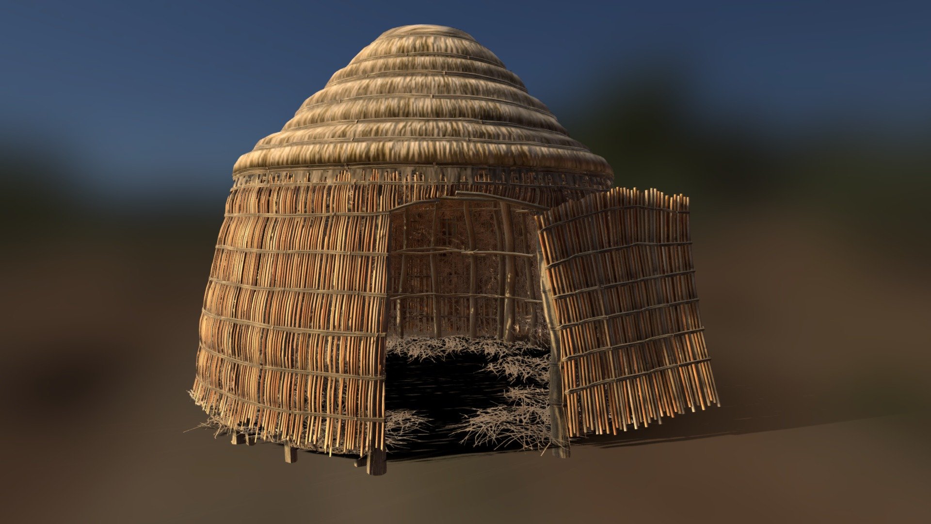 ⚠️looks bad in sketchfab if alpha texture is not loaded completely or looking from far inside sketchfab⚠️
Lapa hut, little bit old school, with every material being reusable/modular/seamless.
Every texture made in substance designer.