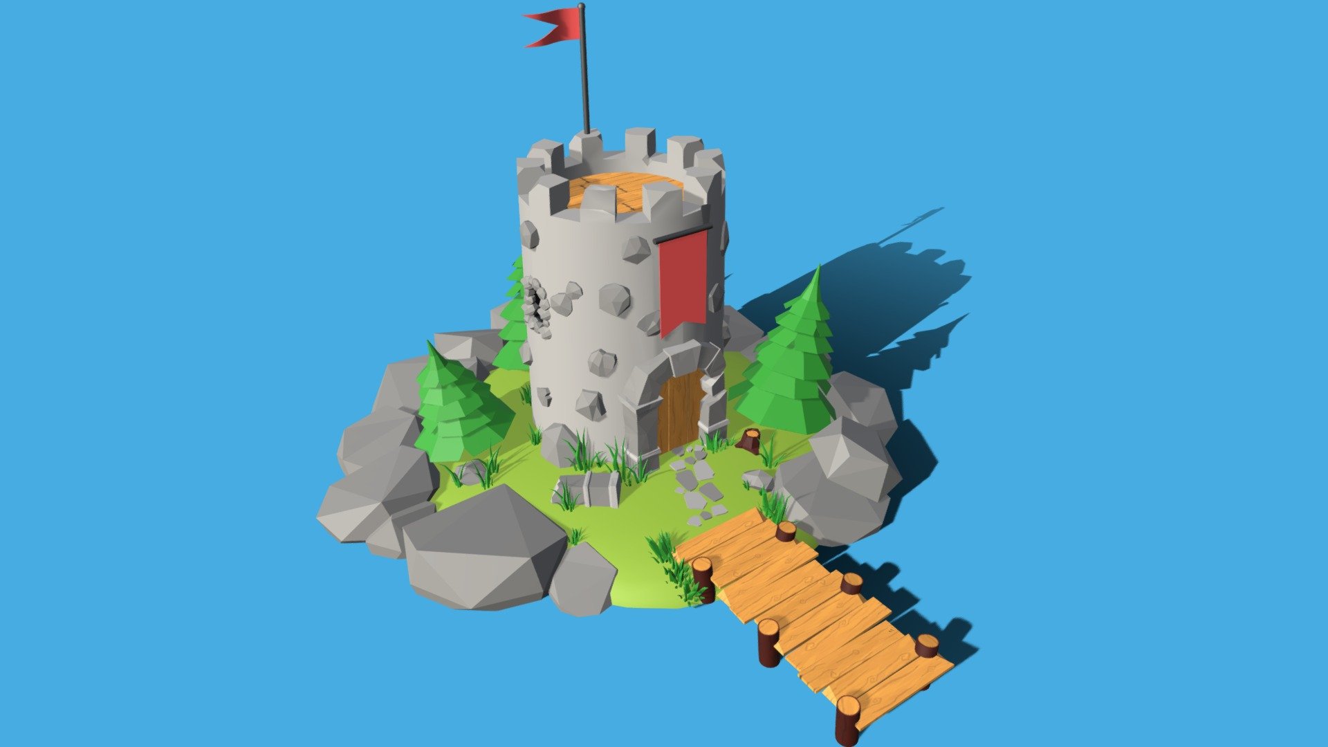 This project feels like the reimaging of two separate projects I’ve done in the past. Mountain top castle, and lighthouse island. Both projects that at the time I was pleased with, but looking back on I felt weren’t my best. 

I liked their premises a lot so I went ahead and merged the two together. Thus Castle Island was born! 

Now for this scene, I did something I don’t often do when It comes to modelling scenes. I purchased pre-existing work. I know! Crazy, but I was having a strange amount of trouble modelling grass, I couldn’t get anything that looked “grass” you know? 

I found an awesome little collection pack of low poly natural and organic models. Something I do tend to struggle with making so I was in awe that I found something that fit my style and could be a great leg up in terms of things I struggle with. Definitely going to see if I can leverage these assets in the future. The main focus of a piece will always be my own work, but background filler, well that’s a whole new ballgame now!