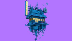 Donut Cafe cat, cafe, bird, cyberpunk, shadeless, donut, sketchfabweeklychallenge, substancepainter, maya, handpainted, robot, futuristic-building, noai