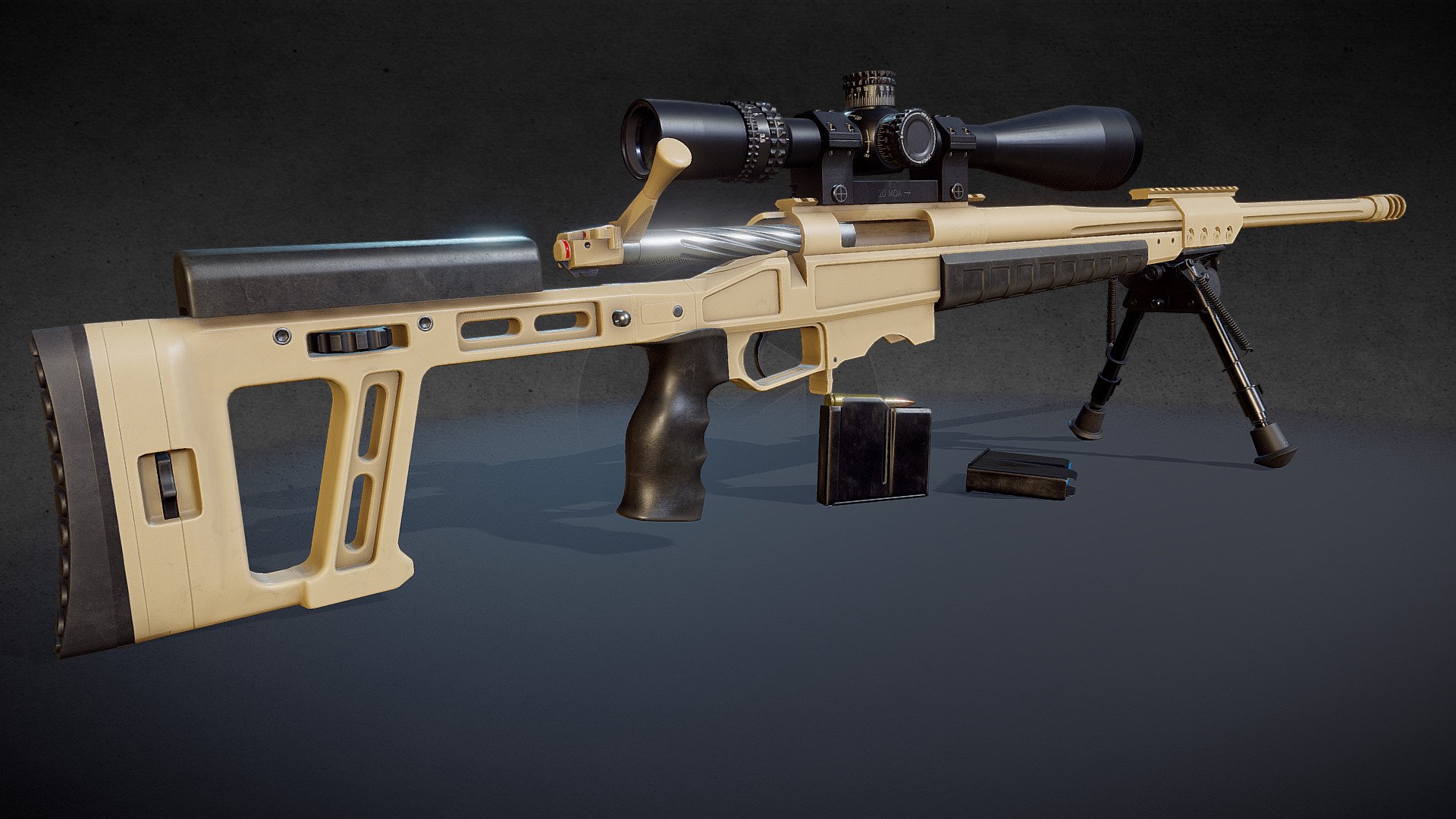 Model of high precision sniper rifle ORSIS T-5000. Caliber 7,62×51

Proper real world scale

High quality and high resolution PBR textures

All movable parts are made in separate elements and are ready for rigging and animation

There is a possibility to remove attachments and replace them with others if necessary (sight, bipod, magazine, etc.)

The model was created in Blender, but can be easily transferred to any 3d software and adapted to any visualization system.

Triangles:

Rifle - 10605

Rifle butt - 5129

Additional Rail - 2814

Shutter - 1817

Sniper scope - 5840

Sniper scope Bracket - 3964

Magazine - 702

Shell and bullet - 774

Bipod - 27428

PBR textures:

BaseColor;

Metallic;

Roughness;

Normal;

AO;

Opacity;

In the textures, some inscriptions were removed or replaced due to copyright. If you need to show them or need to make some changes, please contact me topssspot@gmail.com 
I can also provide unitypackage for HDRP. If you need it please let me know.