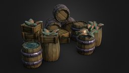 Fisherman Props scene fish, barrel, tray, fisherman, props, wood, stylized