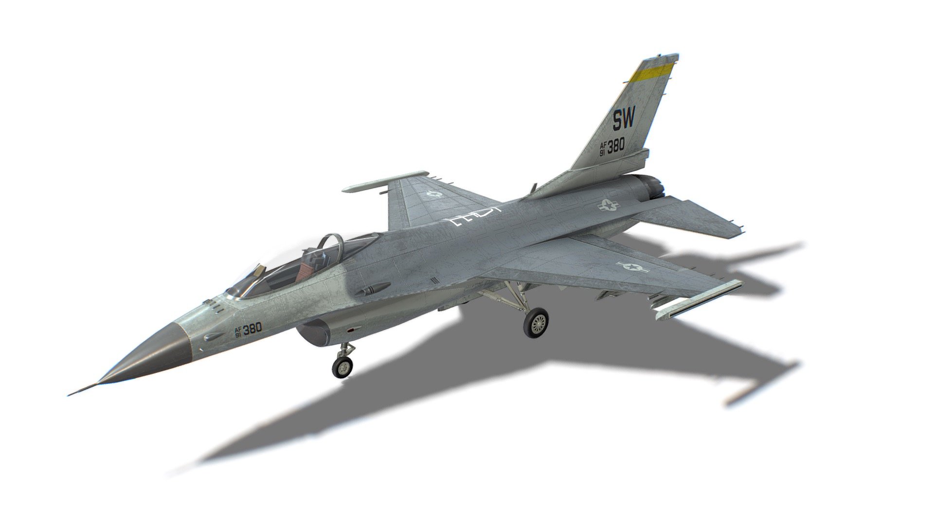 The model looks like a F-16 Fighting Falcon. All parts of the model were made in full accordance with the original. Each dynamical part is separated and has correct pivot points, that allow easy animation and use in games. 

Advanced information:
- single material for whole mesh;
- set of 4K PBR textures;
- set of 4K Unreal PBR textures;
- set of 4K Unity PBR textures;
- set of 4K CryEngine PBR textures;
- FBX, DAE, ABC, OBJ and X3D file formats;
- 4 level of details;

Mesh details:
LOD0 - 11417
LOD1 - 5708
LOD2 - 2853
LOD3 - 300