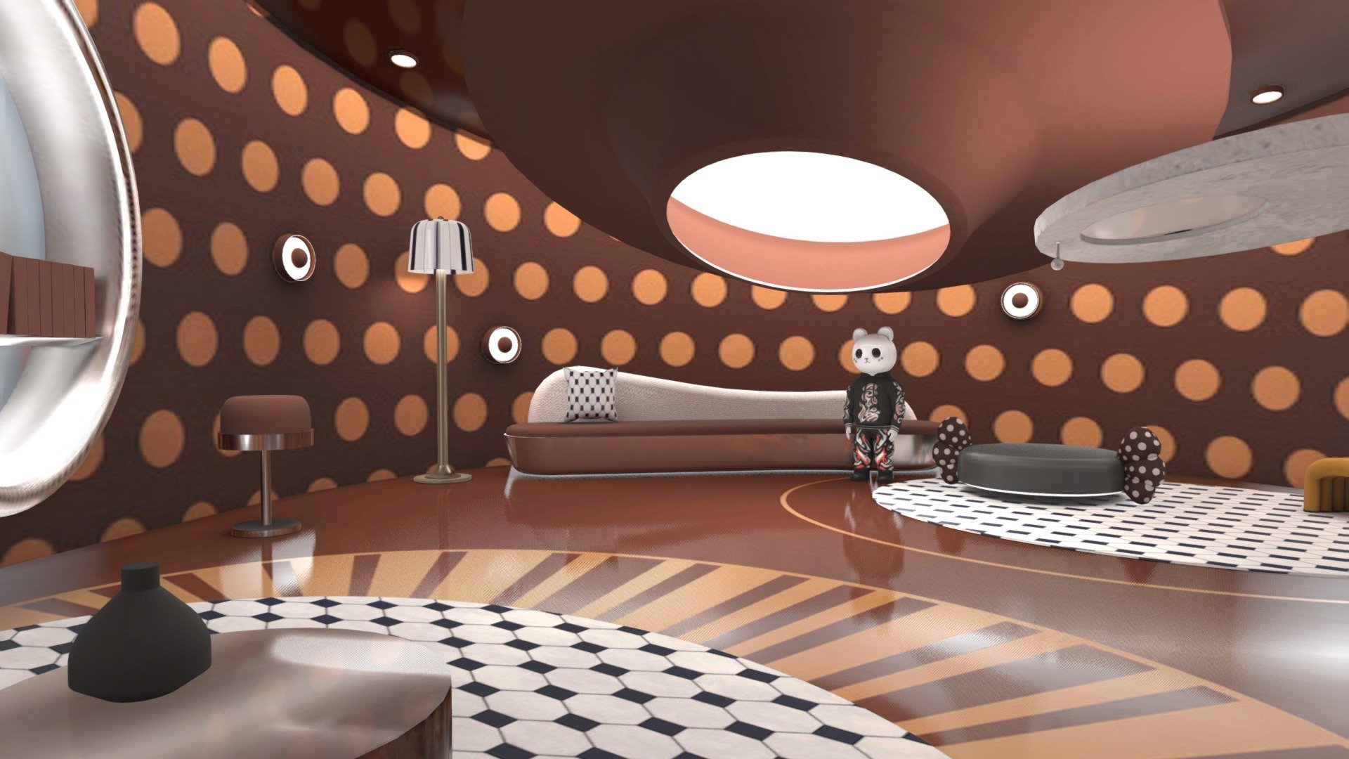 A circular room in a futurist living area. Furnished with sofa, table and some decorations. 
It has a theme of dots and checkers. With a figurine of rapper toy bear standing there, gives the scene a look of fashion and interesting.

As for the toy bear, I use the model from here: https://sketchfab.com/3d-models/hiphop-bear-t-pose-rigged-059e76ac81884bc6b2e87bf2a4cc8d5f




Scaled in real world dimensions

🔥Note: Spatial seat hotspots supported ( You need to download the additional files which named “with hotspots” )

🔥Note: High quality baking pics supported ( You need to download the additional files which named “High quality baking pics” )