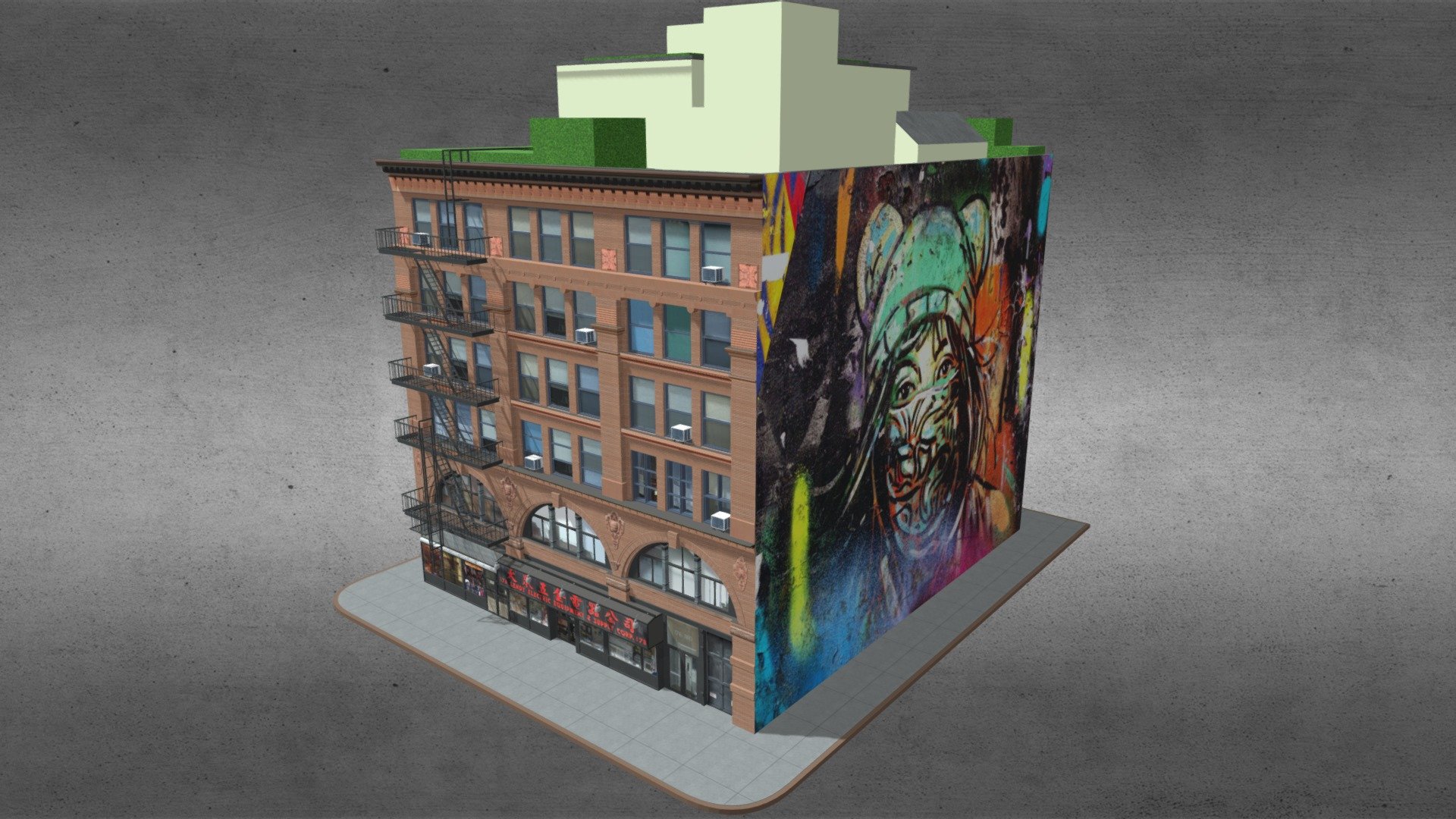 Little Italy Manhattan Corner Building
Originally created with 3ds Max 2015 and rendered in V-Ray 3.0 

Total Poly Counts:
Poly Count = 21126
Vertex Count = 28300