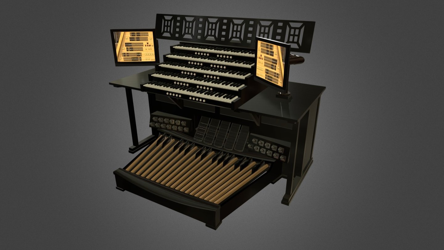 This is a 3D model of an organ console I am currently building.  It is currently about 40% complete. The console will be used with the fabulous organ simulation software Hauptwerk. The 5-manual design permits full use of some of the organ sets that I currently own.