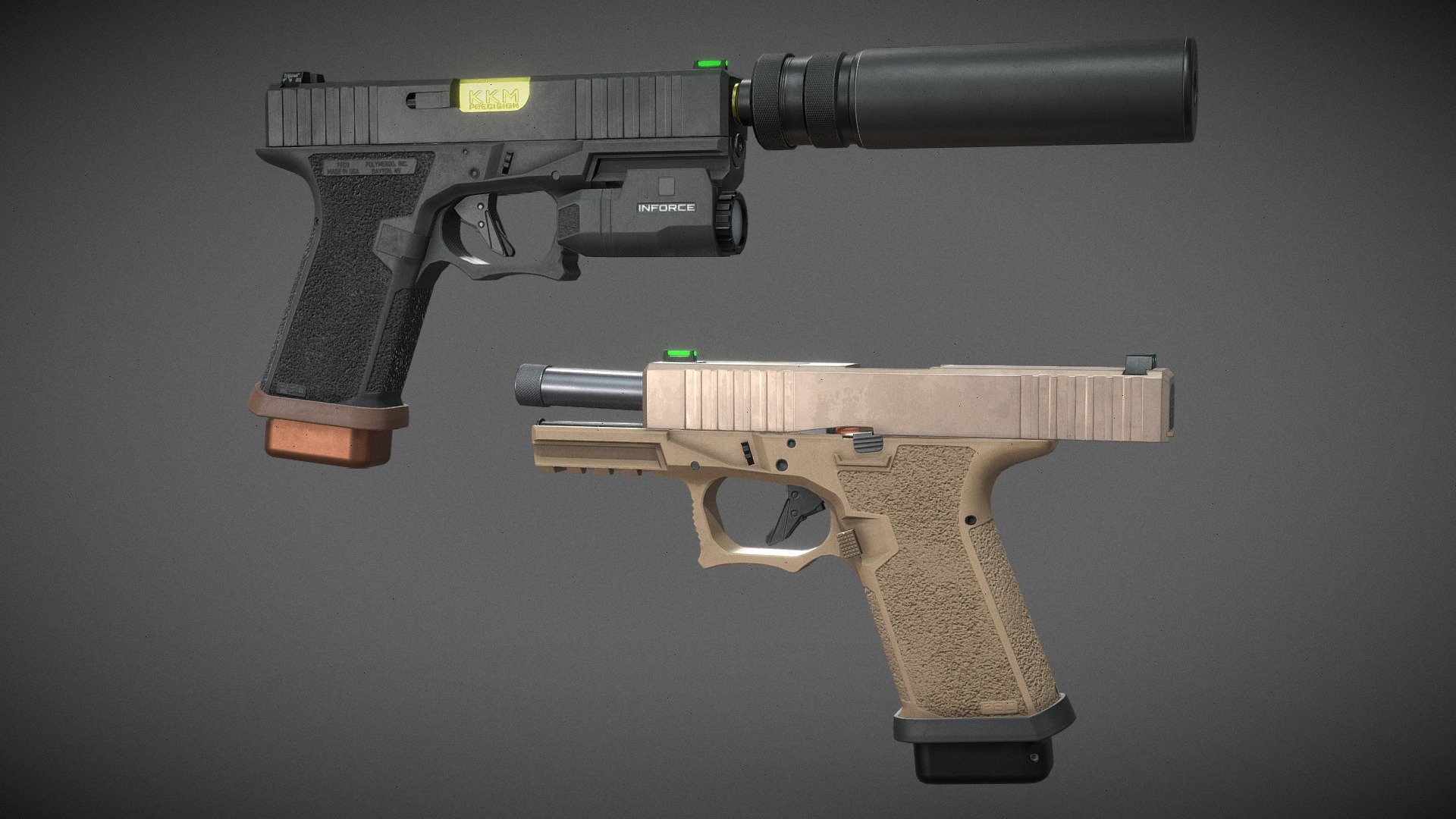 3D showcase of a custom PFC9 (G19) Handgun I modelled. All parts were modelled in reference to real life aftermarket parts for the popular handgun brand that rhymes with block.

Aftermarket parts: Polymer80 Frame, TTI magwell flare, +3 TTI mag base plate, Brownell slide, Trijicon rear sight, Ameriglo Fibre Optic front sight, KKM Threaded barrel.

Attachments: B&amp;T Impuls IIA Suppressor, Inforce APLc Flashlight.

Production Period: 20th June 2023 to 3rd July 2023

Modelled in Blender, textured in Substance Painter. PBR materials.

Artstation: https://www.artstation.com/artwork/VJ1rZX