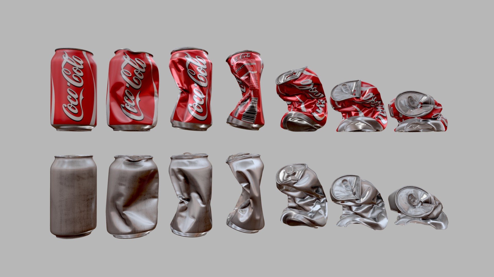 High quality 3D model of the Crushed Soda Can with 4K textures.
6 different crushed soda cans and 1 new soda can.

Total:
-Polygons: 377385
-Vertices: 377756

-If you have any problem or question about this model please content me and I will be response as soon as possible . and leave thumb up if you like the model also give a postive rate if you bought this model and you like it. -Please make sure to check out my other Models, you may find something prefect for your project. Thanks :)