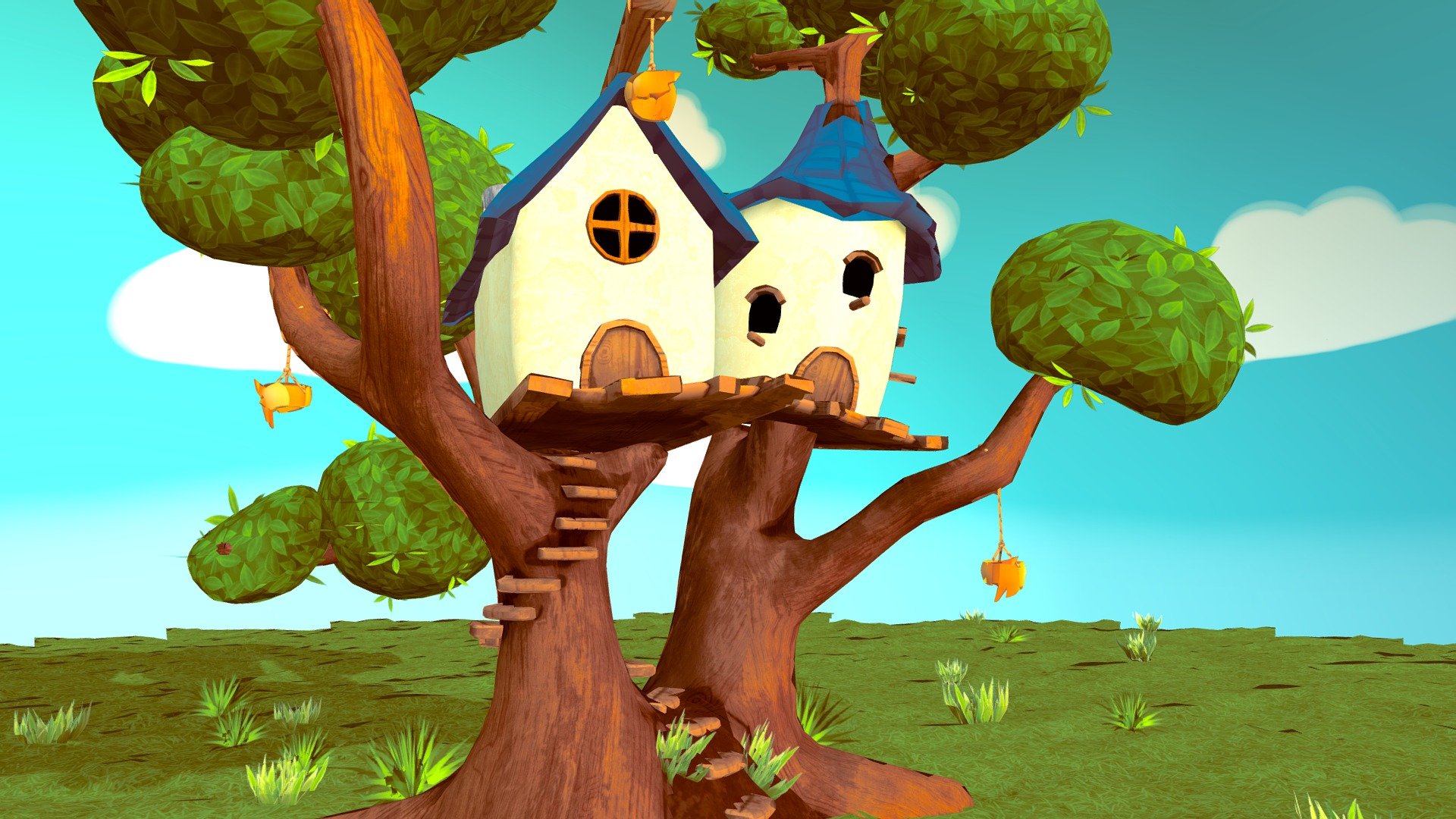 &ldquo;There it was. A sudden open space, surrounding two giant trees. No, the stems were connected at the base, this was one tree! To top this improbability, every side carried a tiny building, each different in shape. The left one was an ordinary shape for a house, albeit shot and crooked. The other one looked like a tiny castle tower, disconnected from its castle. From the top of the pointed roof a thick branch emerged. Another branch on the side pierced its roof tiles. There was too much to take in.