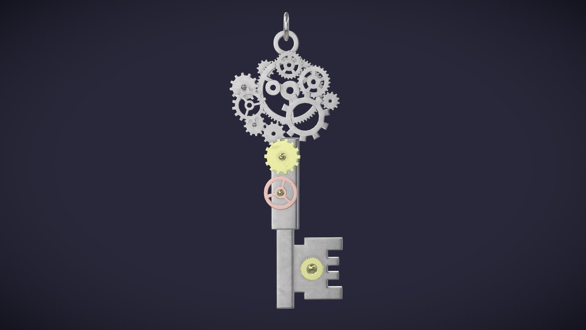 The pendant is in real-world scale (6.5 x 3 cm) and has clean, quad-based topology. The origin is placed in the top-most ring for an easy placement on a chain.

The smooth-shaded version (with Edge Split) has 12,680 tris / 6,350 faces / 13,607 verts.
The flat-shaded version has 12,680 tris / 6,350 faces / 6,499 verts.

The pendant has a single PBR material, which is made up of 2k textures (base color, metallic, normal and roughness).

In the main file, &lsquo;KeyPendant.blend', the pendant is joined into a single object, with smooth shading and modifiers applied. Most of the pendant has overlapping UVs (front-back).

There are 2 additional .blend files you can use:
- KeyPendant_flatShading - single object, flat shading, no edge spliting (lower vertex count)
- KeyPendant_adjustable - 2 collections (low and high poly) with separate pieces, modifiers are not applied

For your convenience, the pendant is also available in several exported formats:
- Collada
- Alembic
- FBX
- Stanford
- Wavefront
- Stl