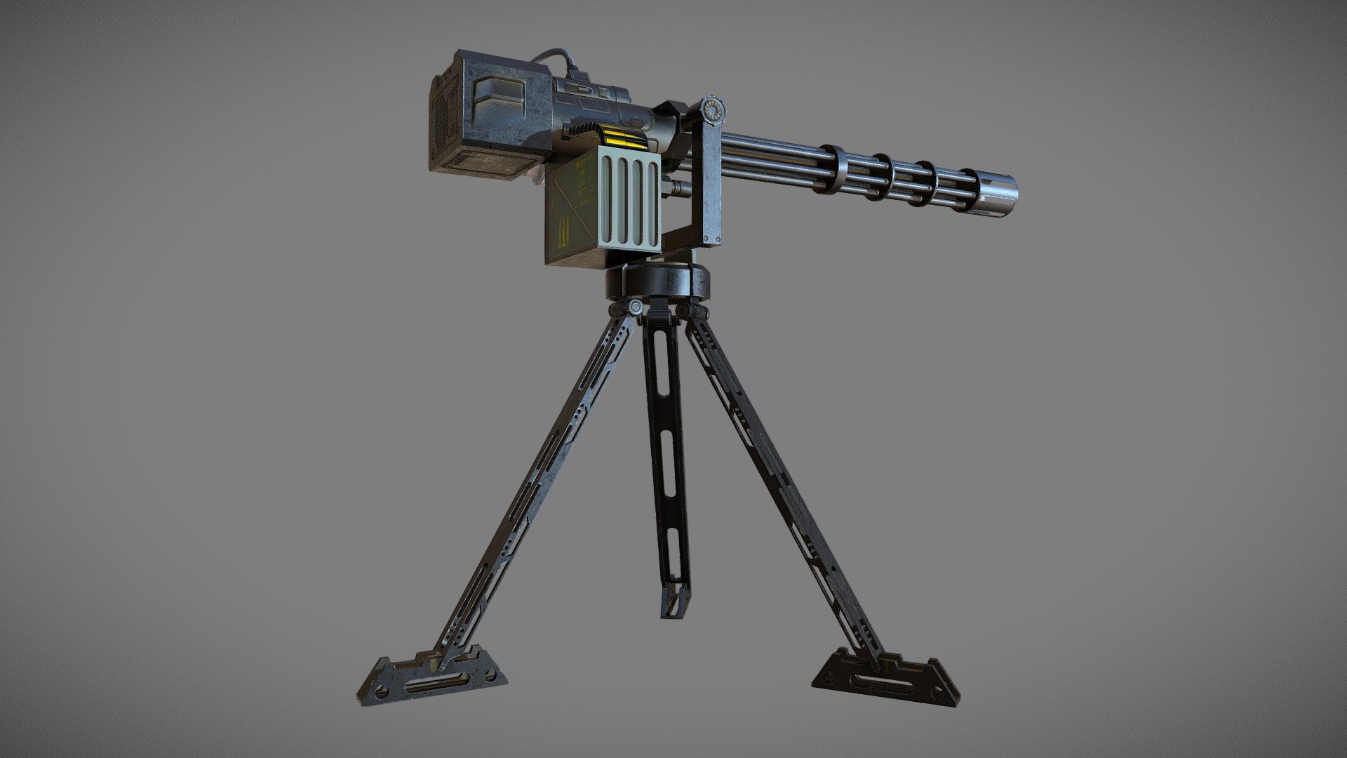 Minigun 3D model for games/Rendes with 4k textures.
This model is consist of 4 seperate parts : barrel,Body,Rotating Stand and Tripod Stand