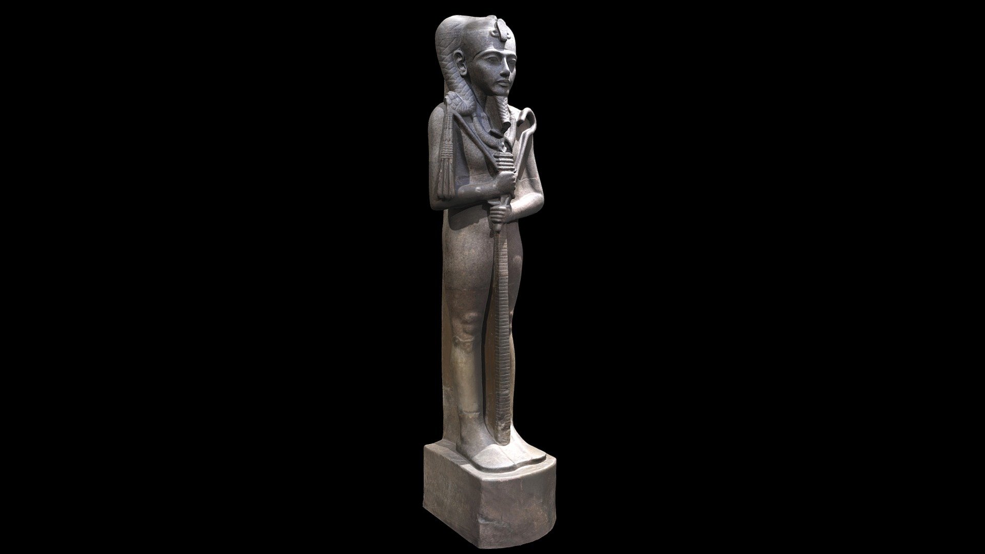 Granite statue of the god Khonsu with the features of Tutankhamun.  Eighteenth Dynasty.  Original found in the Temple of Khonsu at Karnak.  On display for years in the Egyptian Museum in Cairo (CG 38488) and now on display in the National Museum of Egyptian Civilization (NMEC) in Cairo (NMEC 838).  Height is 2.52 m. Photographed in November 2022.

Created from 124 photographs (Canon EOS Rebel T7i) using Metashape 1.8.4.