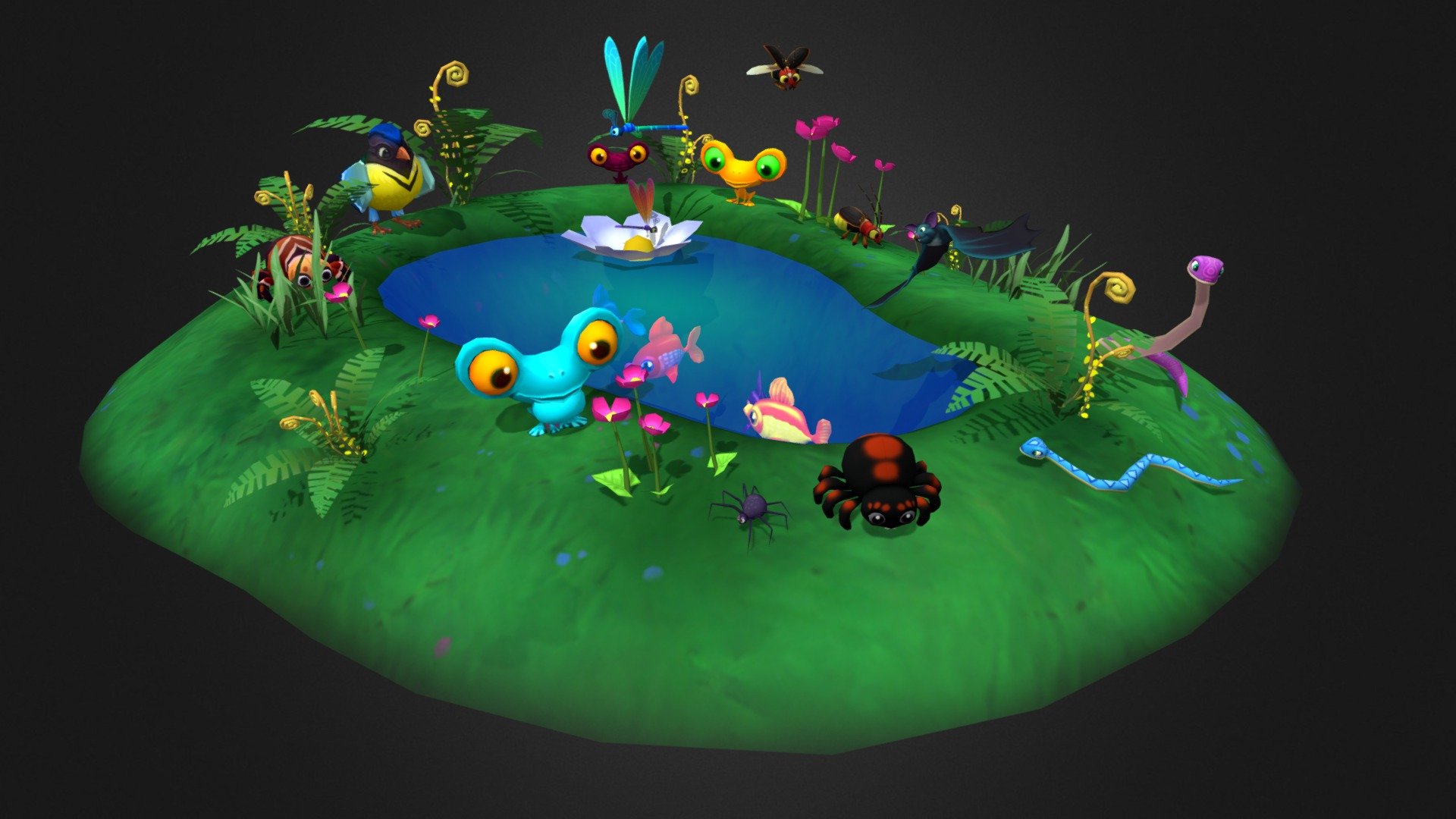 Spiders
Animations
Spider 1 (4 textures)
• idle 1 • idle 2 • idle sitting • run • turn 360

Spider cave (1 texture)
• Idle • idle break • run

Spider hang (1 texture)
• idle • goes up • goes down


Dragonflies
Animations
• Dragonfly Fly • Dragonfly Fly Idle • Dragonfly idle


Frogs
Animations
• frog chewing • frog eat • frog idle 1 • frog idle 2 • frog jump long • frog jump short • frog jump short no offset


Fish
Animations
• Fish swimming fast • Fish swimming idle • Fish swimming slow


Bats
Animations
• Bat fly • Bat idle 1 • Bat idle 2 • Bat idle 3


Birds
Animations
• Bird fly active • Bird fly active passive • Bird idle • Bird idle eating • Bird landing • Bird walk


Snakes
Animations
• Snake idle • Snake idle ground • Snake run


Fireflies
Animations
• Firefly fly • Firefly idle • Firefly idle break • Firefly run