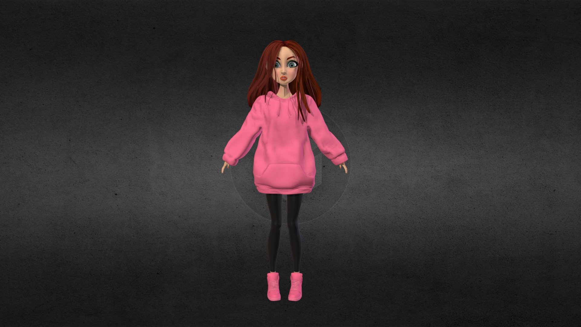 Red haired girl in a pink hoodie.
See how the model was used in a project https://www.behance.net/gallery/159471425/3D-girl-character?