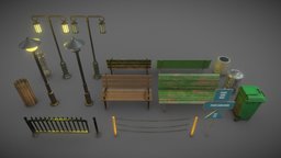AssetPack: City Street & Park props vol.1 lamp, fence, assets, set, signs, pack, park, garbage, props, bin, city, street