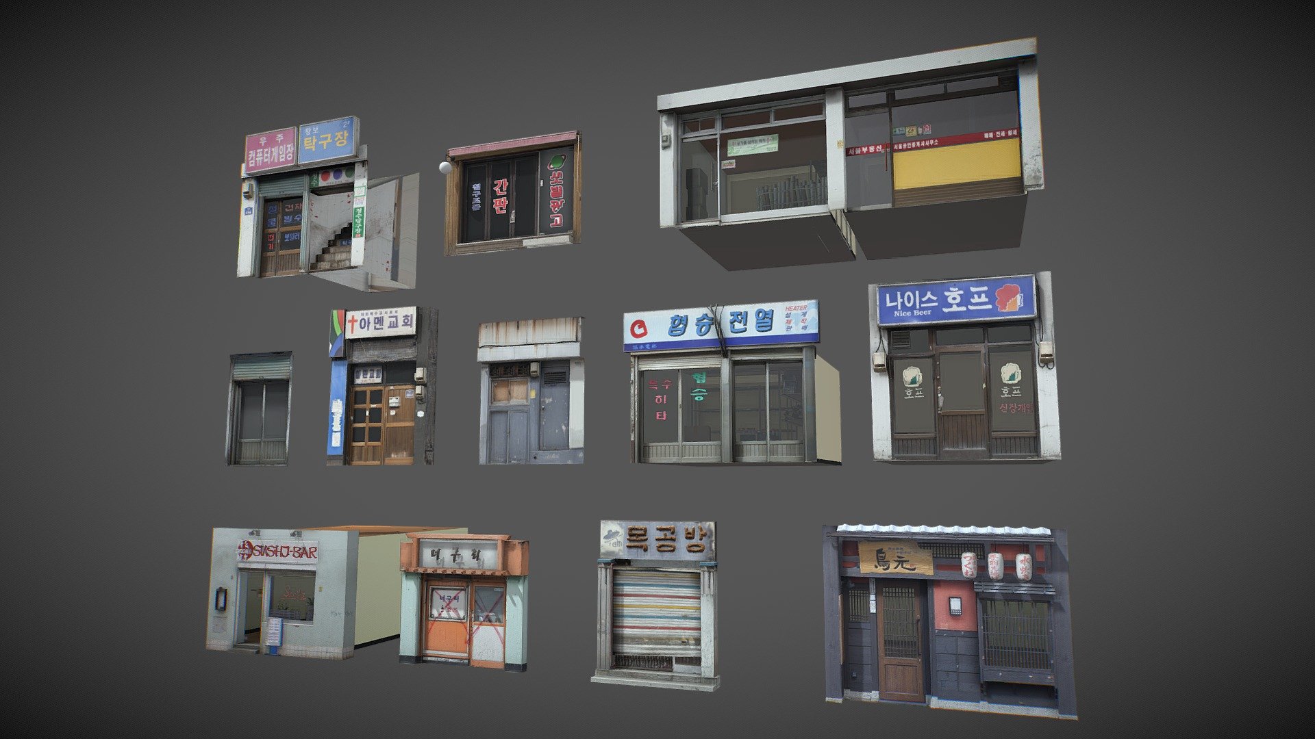 Asian Shop Pack

you can buy asian Shops Pack by single element on my profile.

textured from a real life image, the glass and emission material are separated.