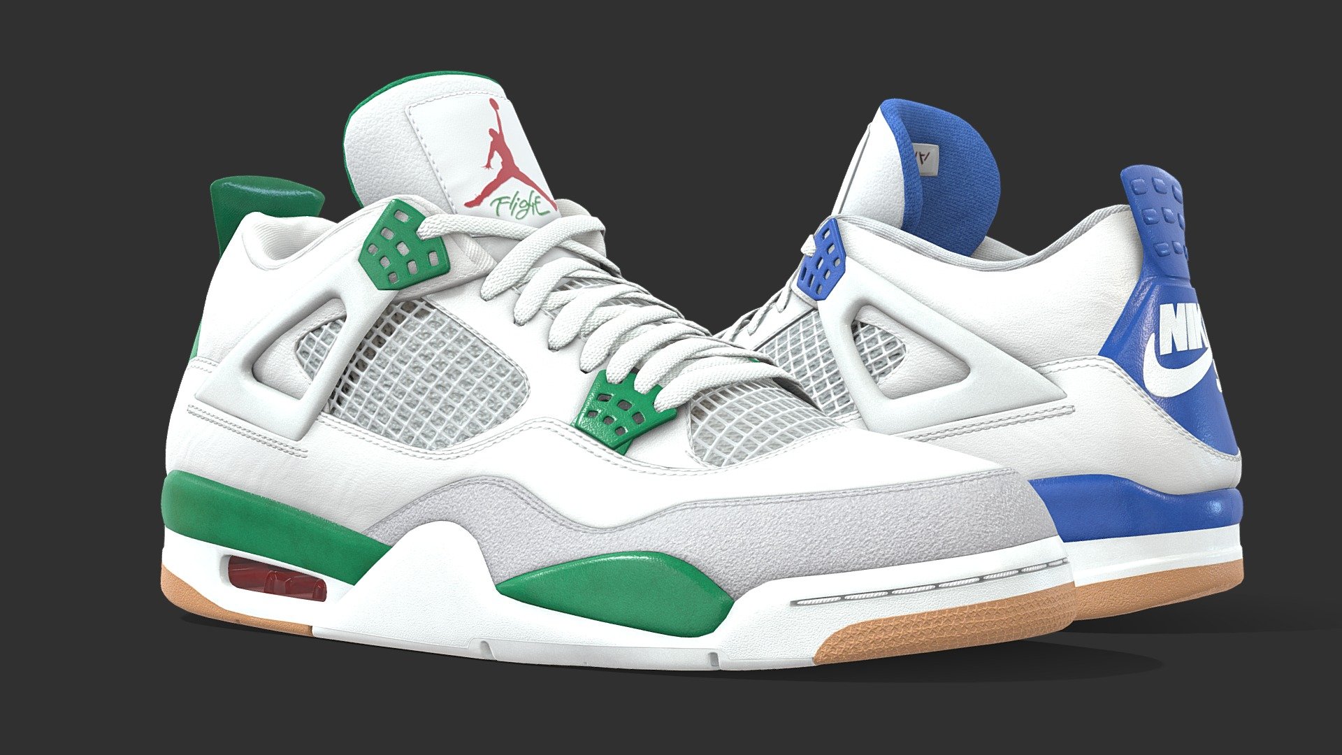 Jordan 4 SB in the Pine Green and Sapphire Blue colourways. The Pine Green released in March 2023 with the Sapphire Blue rumoured to release sometime after. 

Optimised, low poly version of my Jordan 4 model in 2 new colourways. The mesh uses one texture set per shoe and each shoe has a polycount of 24,636. This version would be ideal for in game use, or as an accessory to a render where the shoes are not the focus. 

Included in the additional files: 
Blender file with linked textures
Fbx and OBJ version
All textures (Base Color, Roughness, Normal, AO, Opacity) 

Opacity was use on the air bubble and mesh parts of the upper. You can use the base color, or opacity map provided to use it. Clean, quad topology was used throughout the shoe (exceptions being on the flat part of the sole) 

If you have any questions or general queries you can contact me here: worksofwall@gmail.com