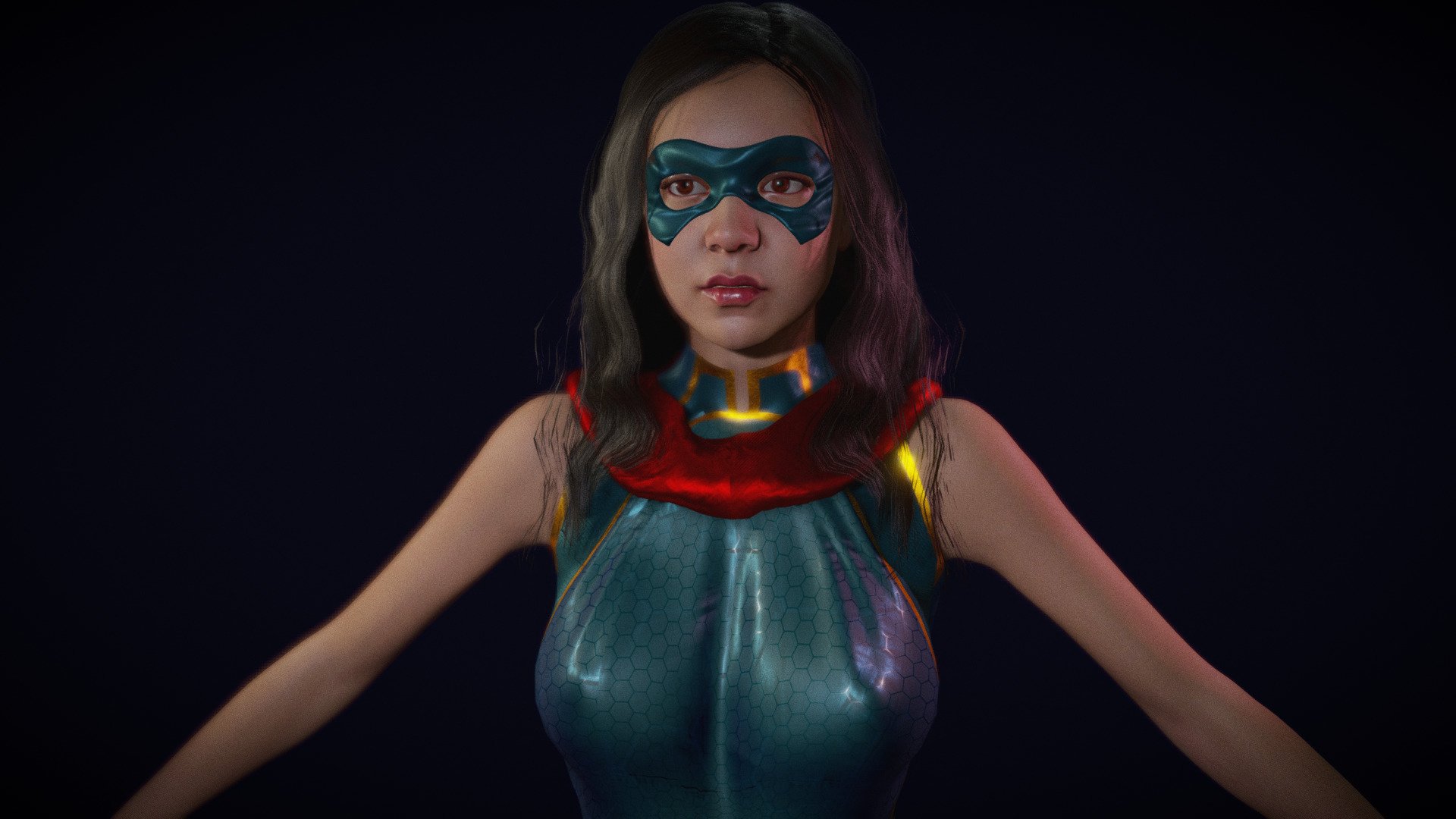 Ms. Marvel - Kamala Khan female model. mixamo bone names for animations. sss subsurface scattering. body fully rigged.  basic face rig. model in blender file. Basic animation.