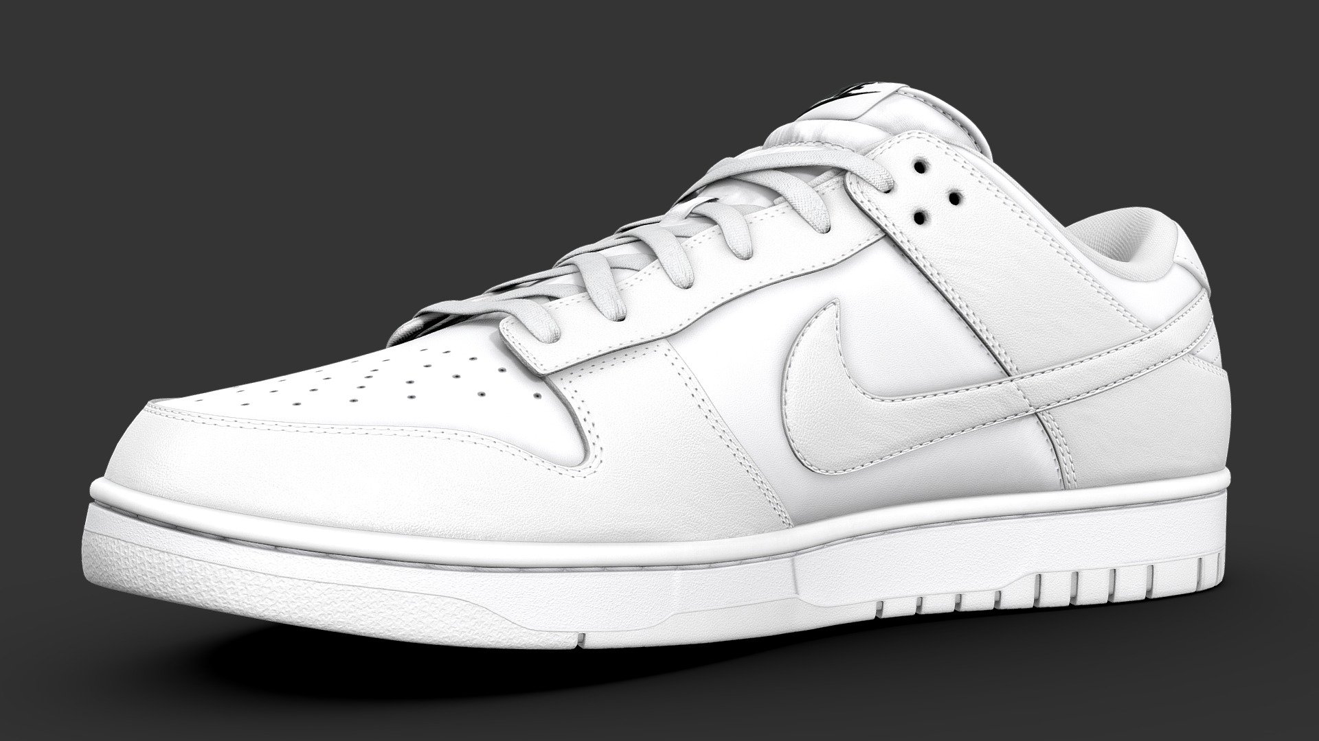 Nike Dunk Low in the Triple White Colourway. Every detail was made in the recreation of this shoe, from the text on the medial side of the shoe to the subtlety of each material, nothing went overlooked. Stitches were sculpted by hand to achieve the highest quality

What's included




Blender file with linked textures

FBX and OBJ versions

OneMesh version

All 4k textures

Model Features

The upmost care went into crafting this model. As a result it is subdivision ready. The model was unwrapped with efficiency in mind. Both left and right shoes are mostly identical, save for logos and text that cannot be mirrored. As such the high detail version of the shoe uses 4 UV maps to cover both of the shoes, with the One mesh version using just the one UV map.