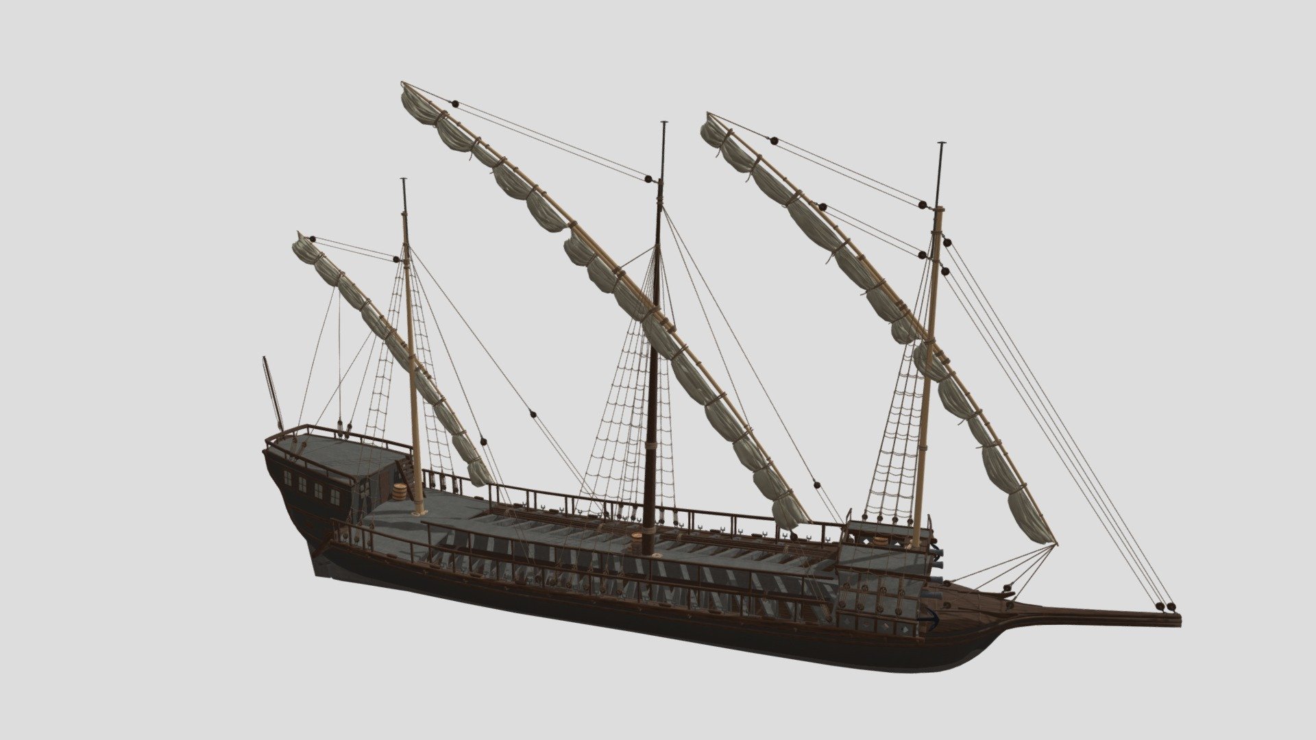 Galleys were used in Russia from Peter the Great onwards. The heritage of all galleys, Russian and Swedish, can be found on the Mediterranean. By 1790 this ship type was becoming obsolete. While it was large, the galley had difficulty navigating the open seas and could only carry a few guns in the bow and stern. It was essentially a carry-over from an earlier era of close combat on the seas. Some 80+ of these galleys were built in the 18th century in Russia. But after this war they were increasingly supplanted by smaller gun sloops of the Swedish type.

Hull dimensions:
•   Length at waterline: 42.7 m
•   Greatest width (breadth): 6.1 m
•   Greatest depth: 2 m

Ship 03, Russian 22-bank galley, closed sails, 12.5.2020, programs: Modo, Photoshop, UE4

This model was created in the Maritime Museum of Finland project &ldquo;Historia eläväksi digitaalisella tarinankerronnalla