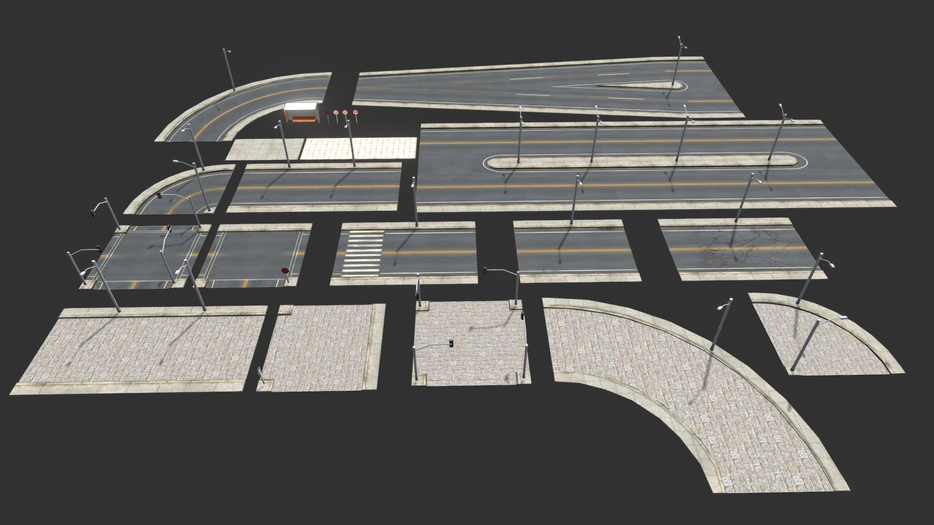 Features:




Low poly.

Optimized.

Game ready.

All objects are in a single scene for ease of use.

Contains a road rigged to create the possibility to flex in any direction or height.

All parts fit perfectly.

Easy to use and modify.

UV maps are not overlapping, so textures can be modified easily.

Create multiple possibilities with modular parts.

Textures PBR included and materials applied.

All parts are separated and named.

All formats tested and working.

Textures MetalRough and SpecGloss 2048x2048

Formats:




Blender (native)

FBX

OBJ

DAE

Unity

Unreal Engine
