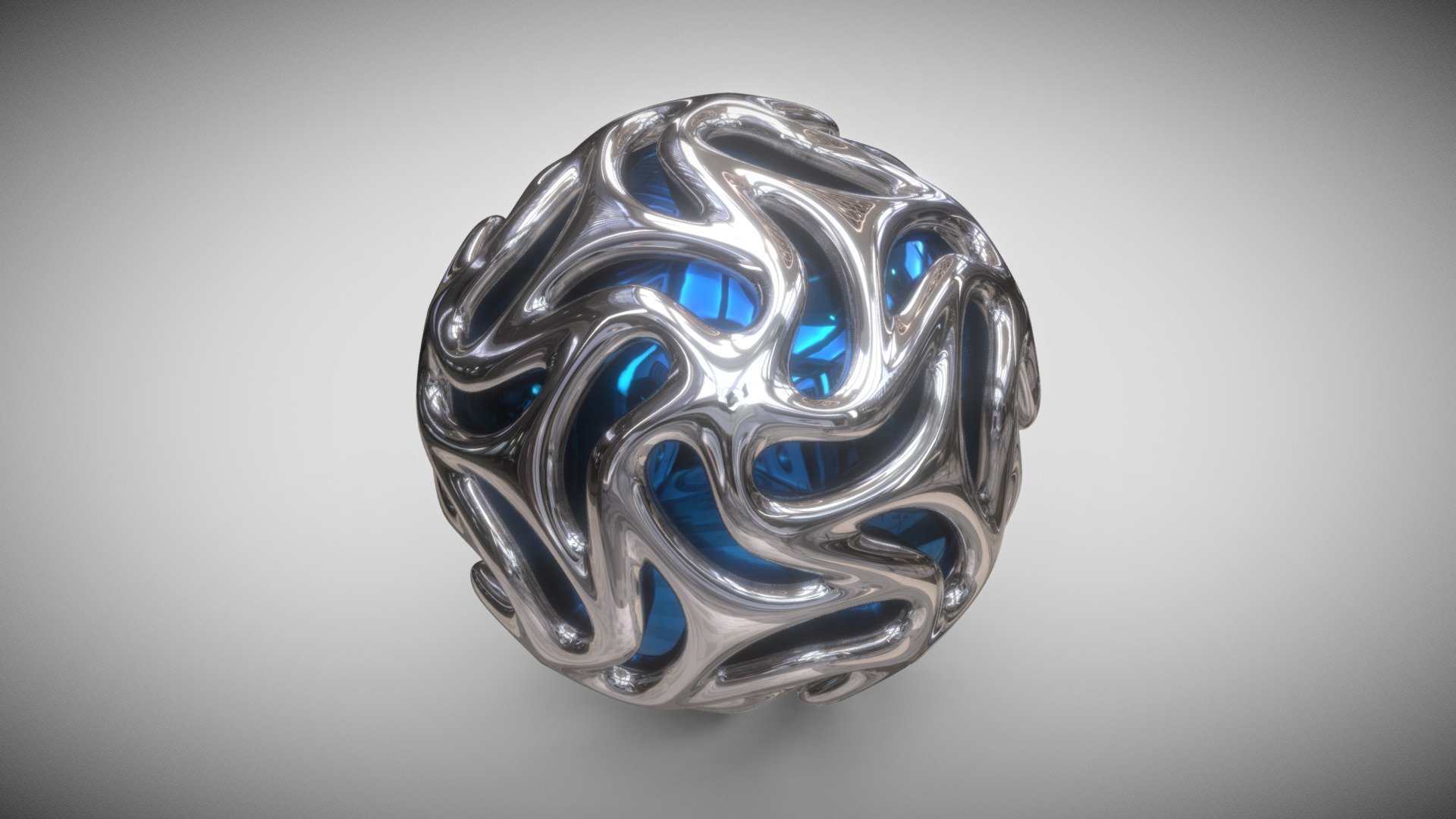 Five tetrahedrons conjoined into a dodecahedral shape casted into a sphere. It was wireframed while keeping the original object, giving it an exoskeletal look, and then subdivided into a smooth shape, the result is a sphere with organic dodecahedral star-like shapes pattern. Metallic materials were added to the model.
