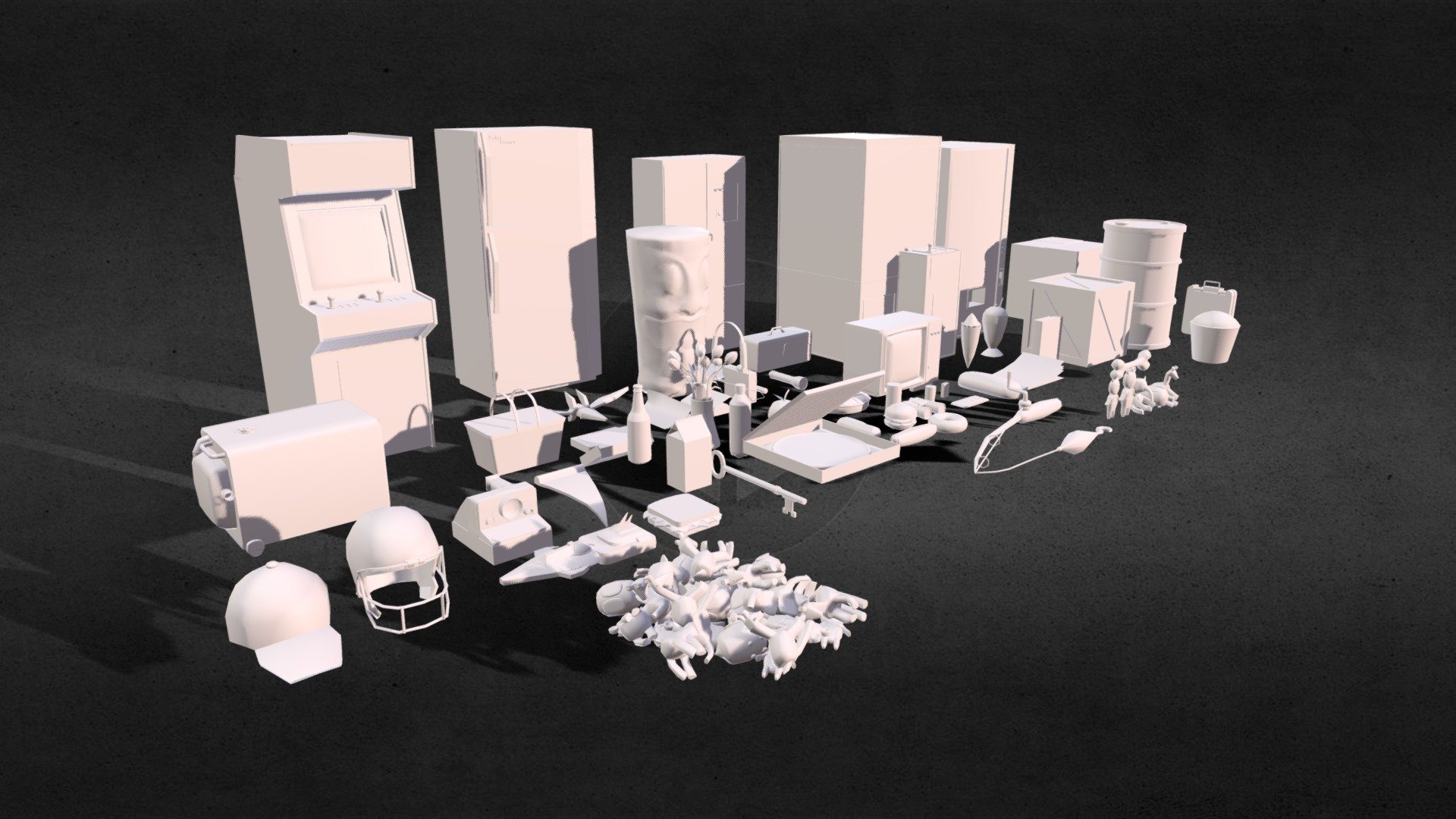 A collectible pack of 71 Game Assets based in the 80´s of various themes including Electronics, Games, Hobbies, Music, Drinks, Food, Sports and Miscellaneous ready for a Game Engine 

Verts 67177
Polys 63989
Tris 127570

if you need Game Assets for your games I am available for Commission works.

LIST:
8 bit Video Game
Apple Fruit
Apple Pie
ArtBook
Barrel
Battery 01
Battery 02
Battery 03
Binoculars
Book
Bread
Burrito
California Pizza
Cardboard Square
Cheeseburger
Chocolate Bar
Comic
Damage Brick
Dog Bone
Donut
Electric Cabinet
Energy Drink
First Aid Kit
Fishing Rod
Flower Vase
Fridge
Hot Dog
Ice Cream
Key
Large Popcorn Bucket
Milkshake
Music Cassette
Orange Cream Soda
Orange Juice
Picnic Box
Pizza Low
Polaroid Camera
Portable Generator
Red Rock American Helmet
Red Rock Baseball Cap
Sandwich
Stand Up Arcade
Starcom Starmax Bomber Ver 02
Starcom Starmax Bomber
Statue
Tennis Racket
Toolbox
Torch Light
Toy Machine
TV
Vendor Machine
VHS
Walkman
Water Bottle
Wooden Box