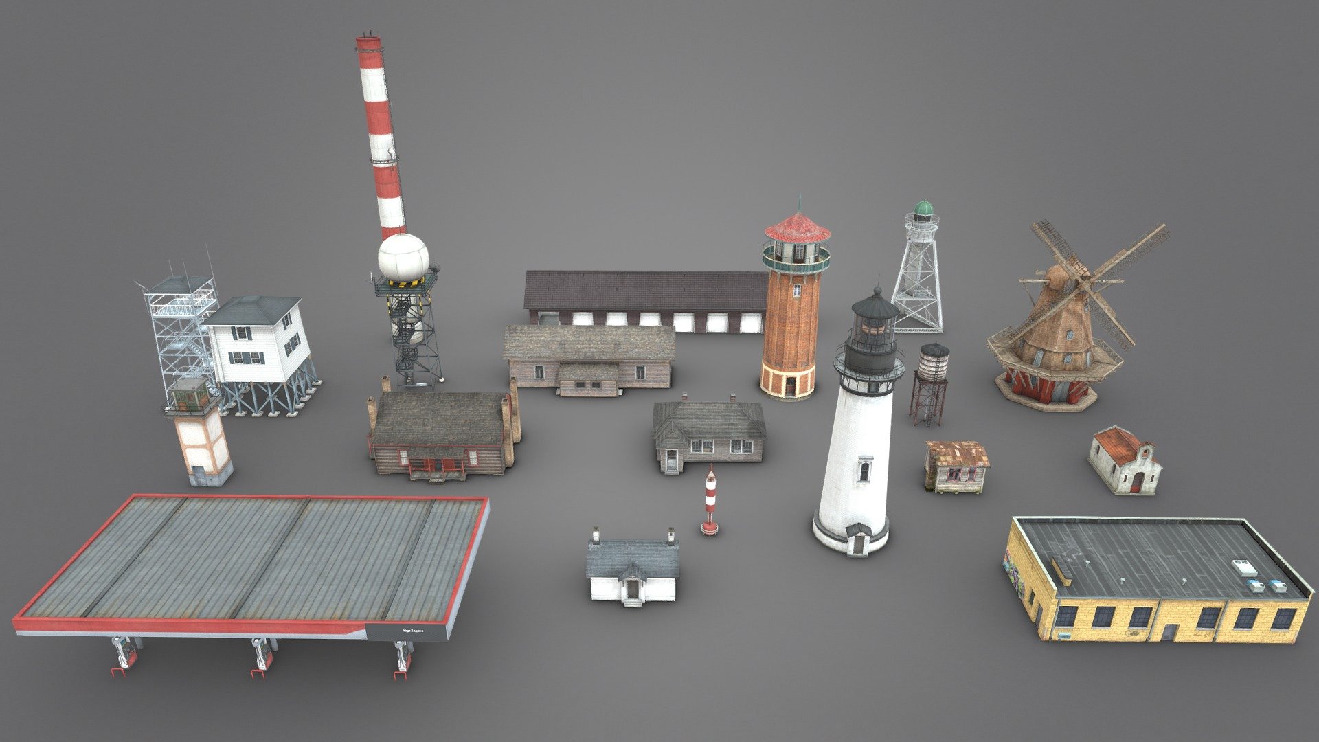 The collection contains 19 low-poly 3d models of various types of buildings and structures.

There are some towers, windmill, residential and some industrial buildings in this package. 

These 3D models are best for use in games and other VR / AR, real-time applications such as Unity or Unreal Engine. 

Technical details:




The whole collection contains about 30k tris.

Mostly 2048 up to 4096 Diffuse and AO textures per model.

Models are correctly divided into parts when needed.

Models are completely unwrapped.

Models are fully textured with all materials applied.

Lot of additional file formats included (Blender, Unity, Maya etc.)

More file formats are available in additional zip file on product page.

Please feel free to contact me if you have any questions or need any support for this asset.

Support e-mail: support@rescue3d.com